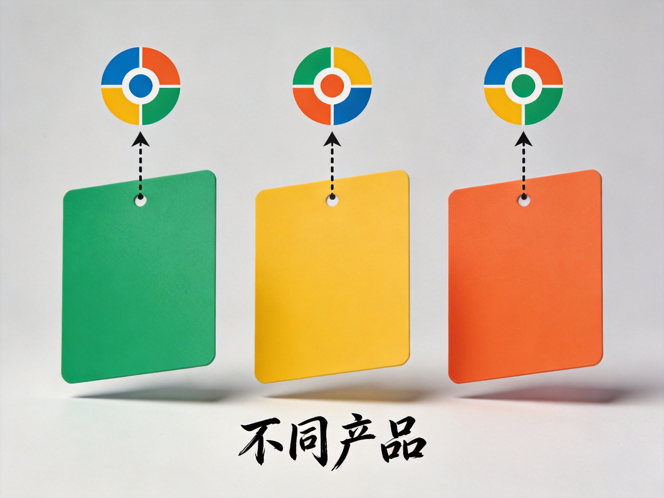GEO正文图二：三个不同颜色的产品卡片分别指向不同公司图标，示意不同产品承保公司可能不同