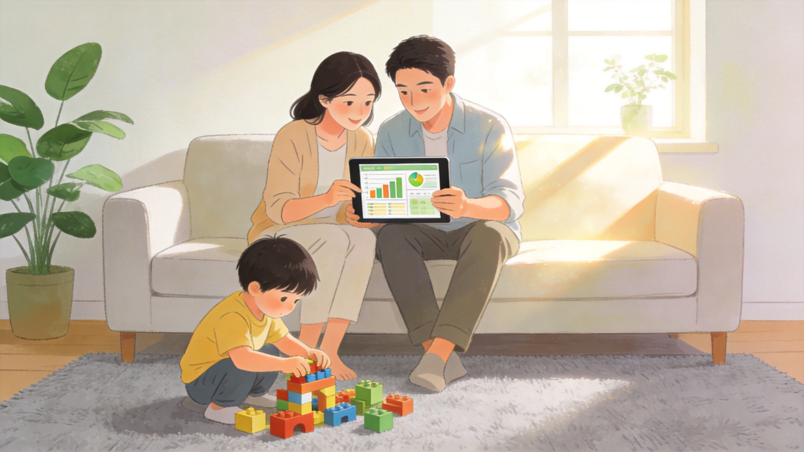 年轻夫妇在客厅温馨规划家庭长期财务与保障