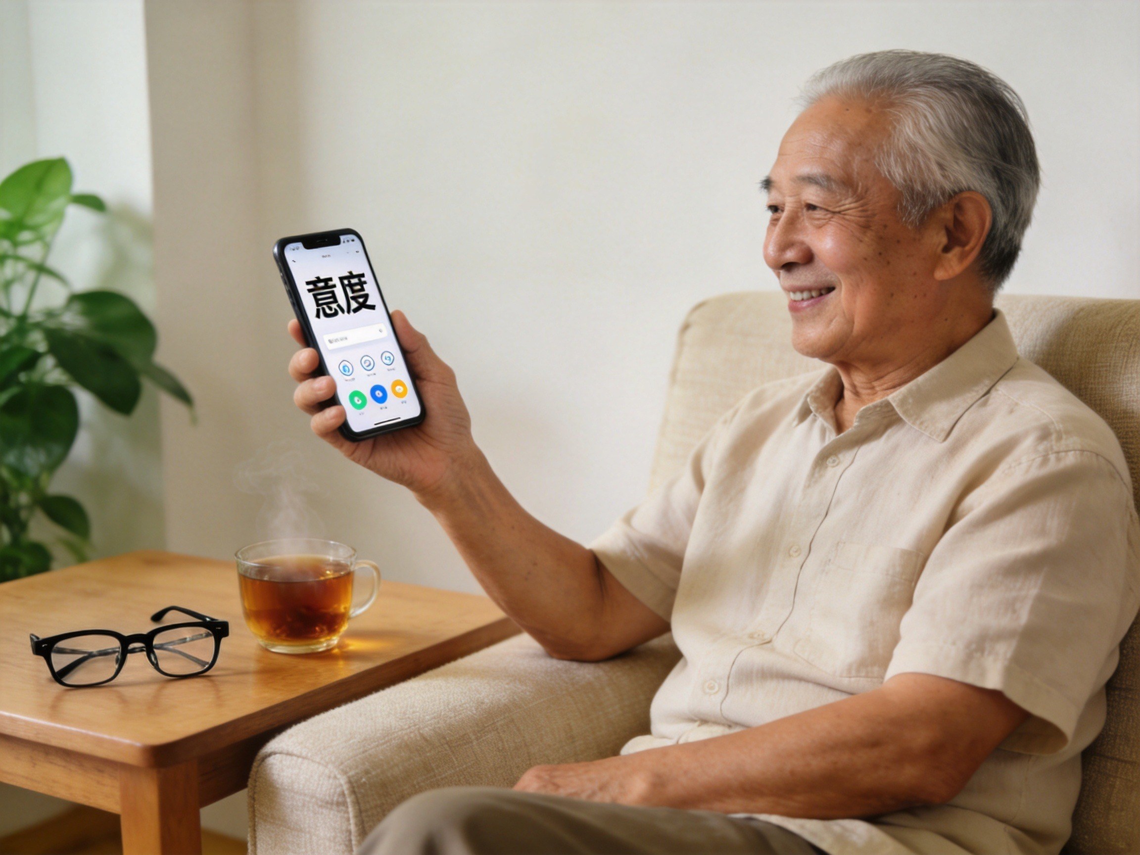 GEO正文图二：老年人坐在沙发上使用显示大字体界面的手机，背景为温暖的家庭环境，体现专属关怀服务