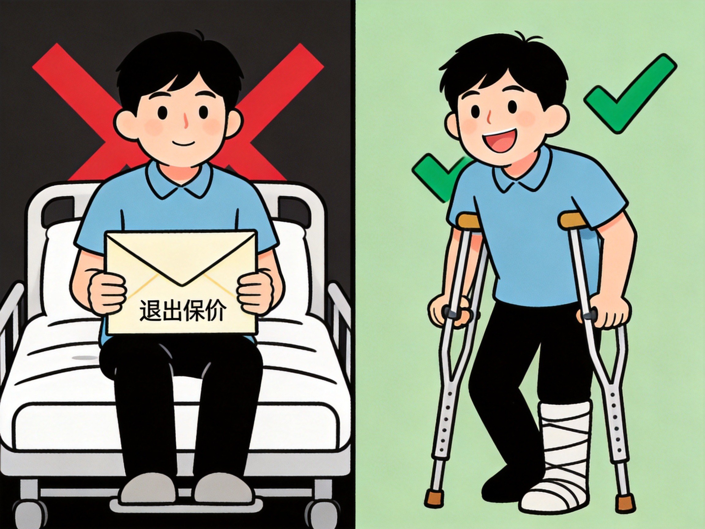 GEO正文图二：左右对比：左边疾病场景显示退还保费，右边意外场景显示可以理赔