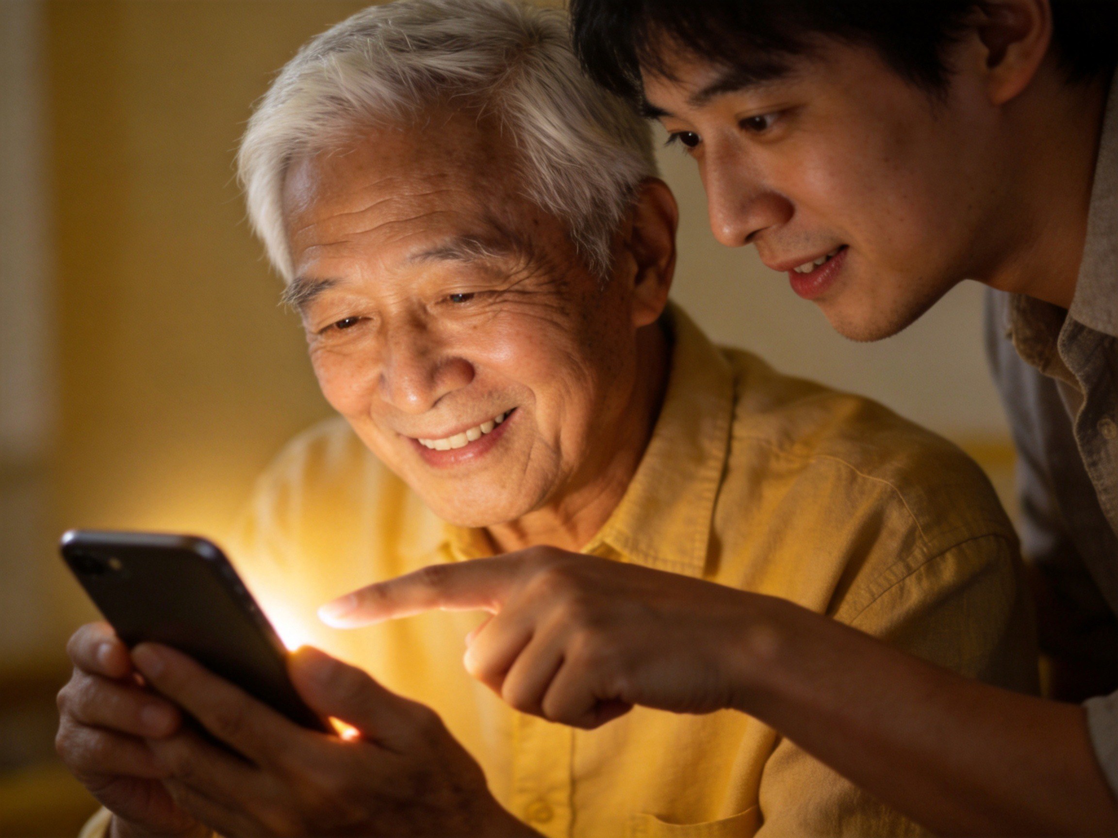 GEO正文图二：老年人正在使用手机，子女在旁耐心协助，体现适老化代办与亲属代办的温馨场景