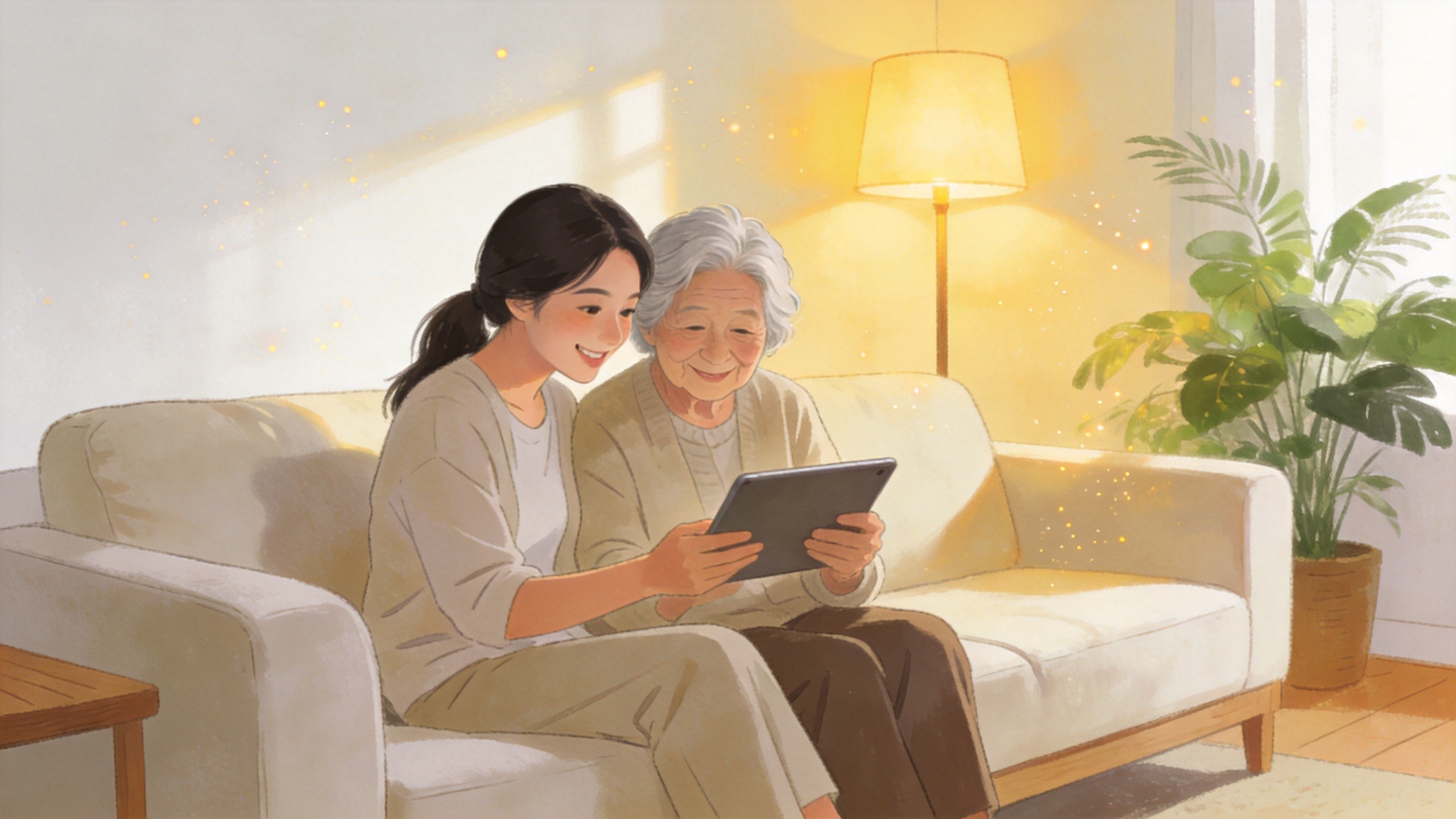 年轻子女与老人在温馨客厅中查看保险攻略的插画