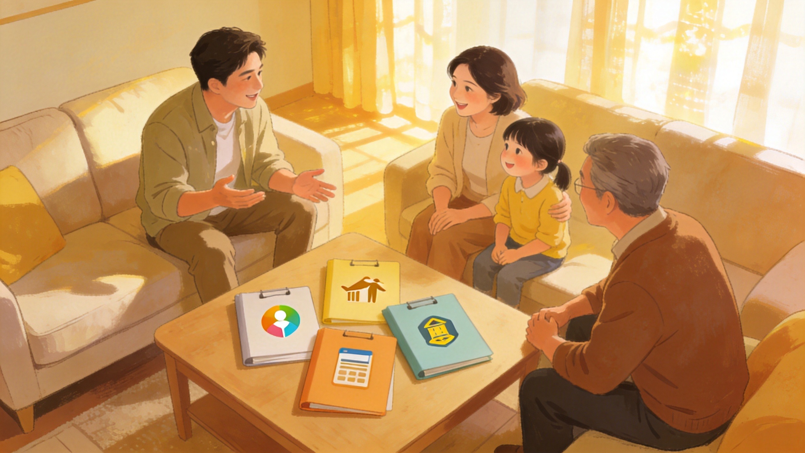 分红型终身寿险附加权益概念图，展现健康管理、资金规划与出行保障的温馨生活场景