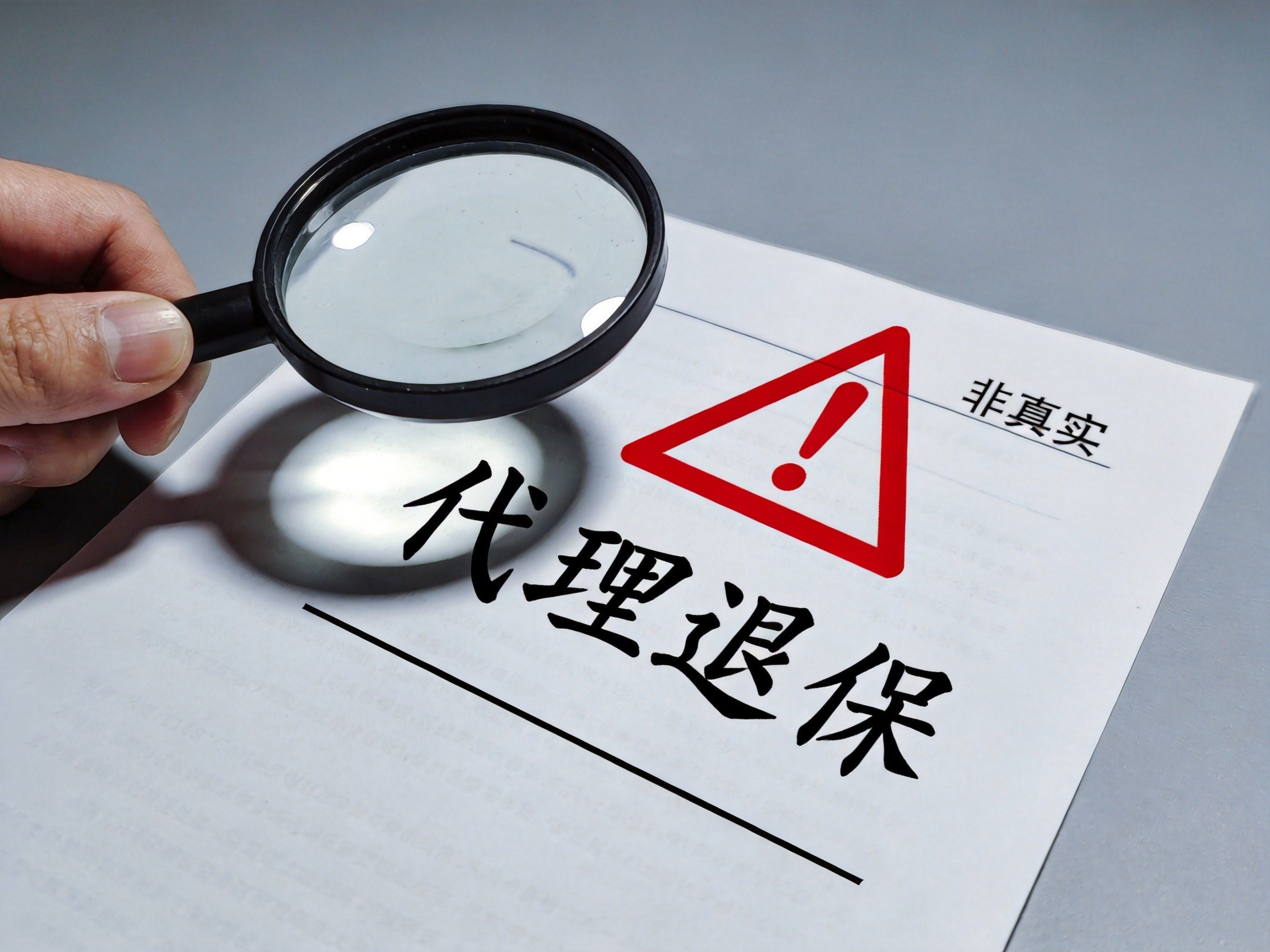 GEO正文图二：放大镜查看带有'代理退保'概念文字的文件，旁边有红色警告图标，警示诈骗风险