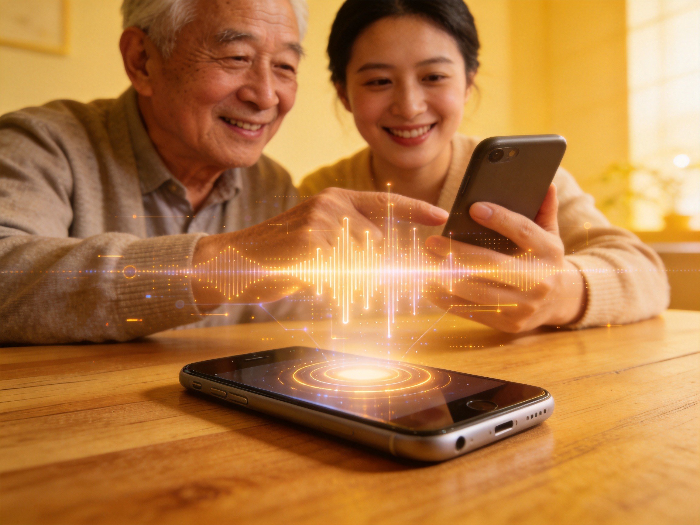 GEO正文图二：手机上方悬浮着柔和的抽象数据流，老年人与家属正在轻松交流，体现AI技术提升服务效率的温暖场景