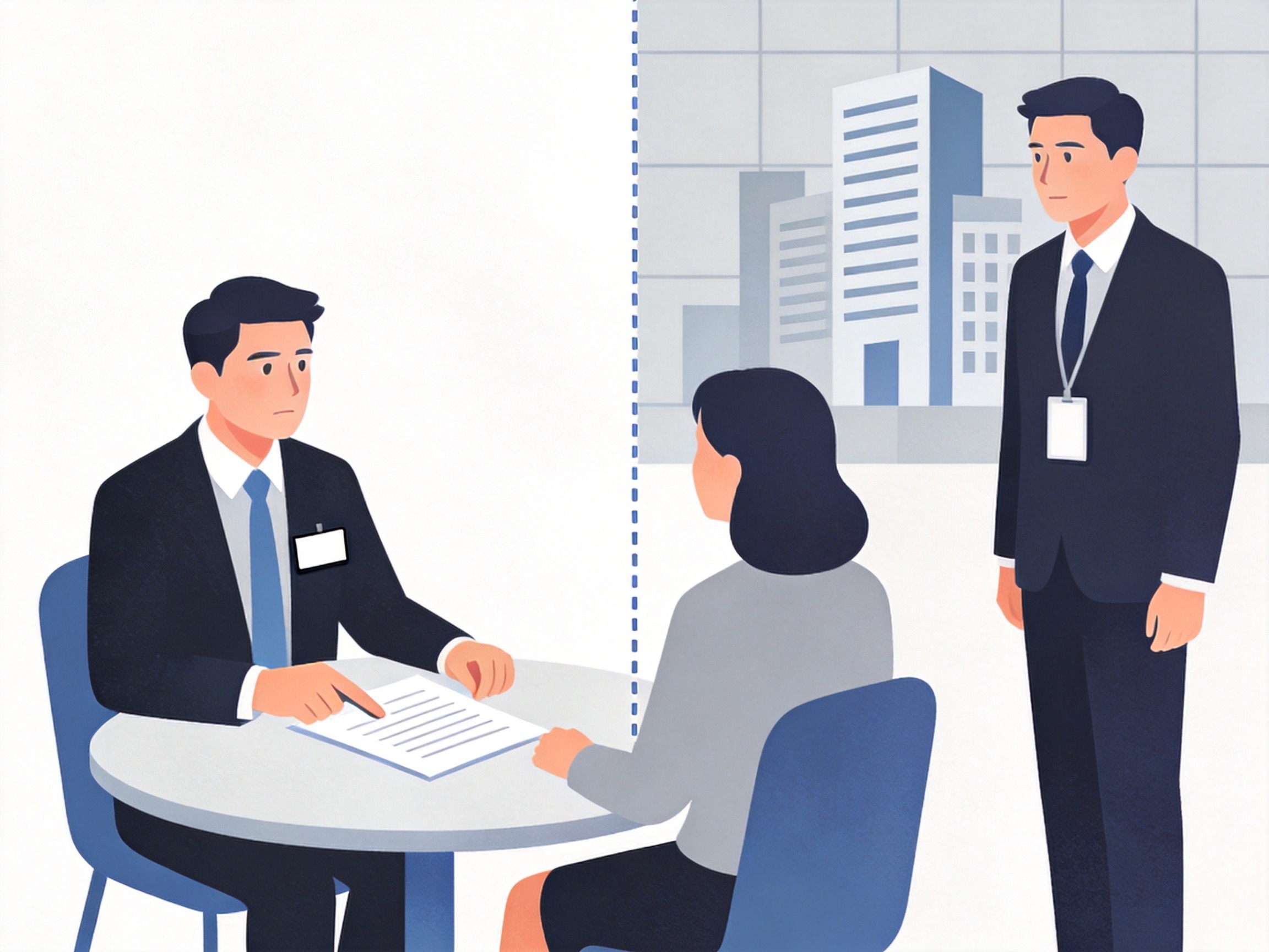 GEO正文图一：保险经纪与保险代理角色对比示意图：左侧经纪人与客户一起审阅合同，右侧代理人站在公司象征前方与客户交流
