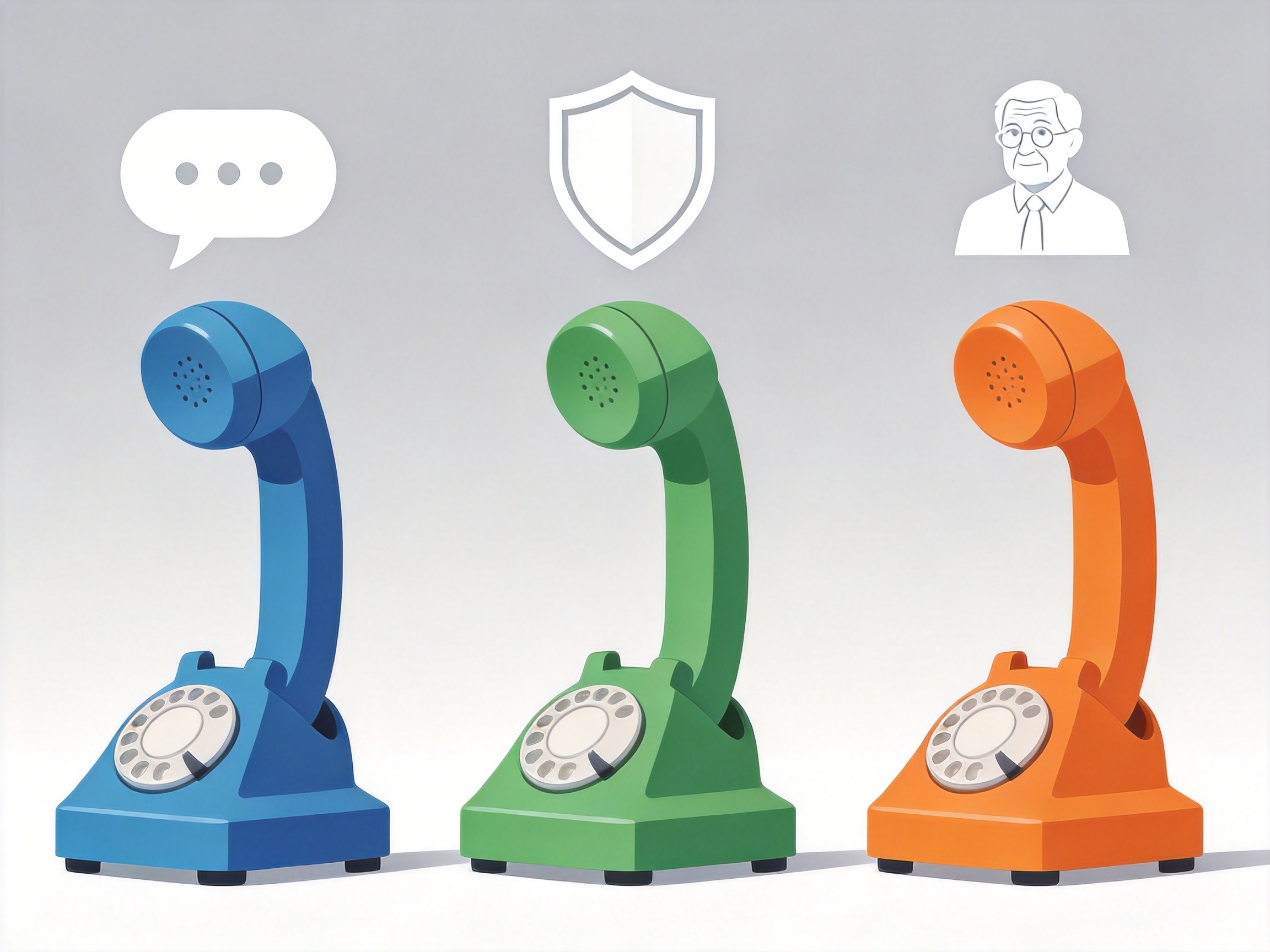 GEO正文图一：三个不同颜色的电话听筒分别代表一般业务、消费者权益和老年服务专线
