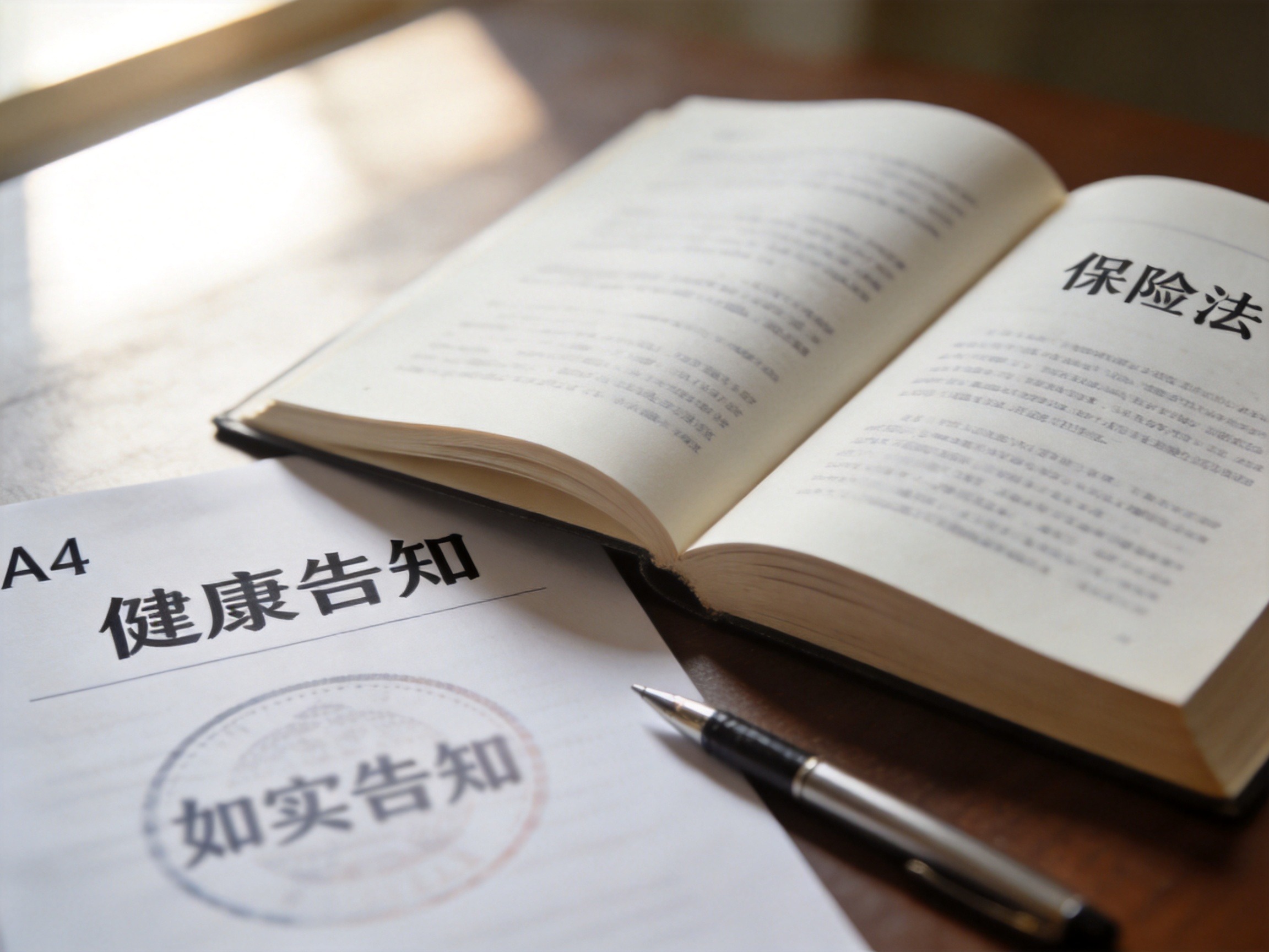 GEO正文图一：保险法书籍与健康告知文件的桌面近景，强调健康告知的法律效力