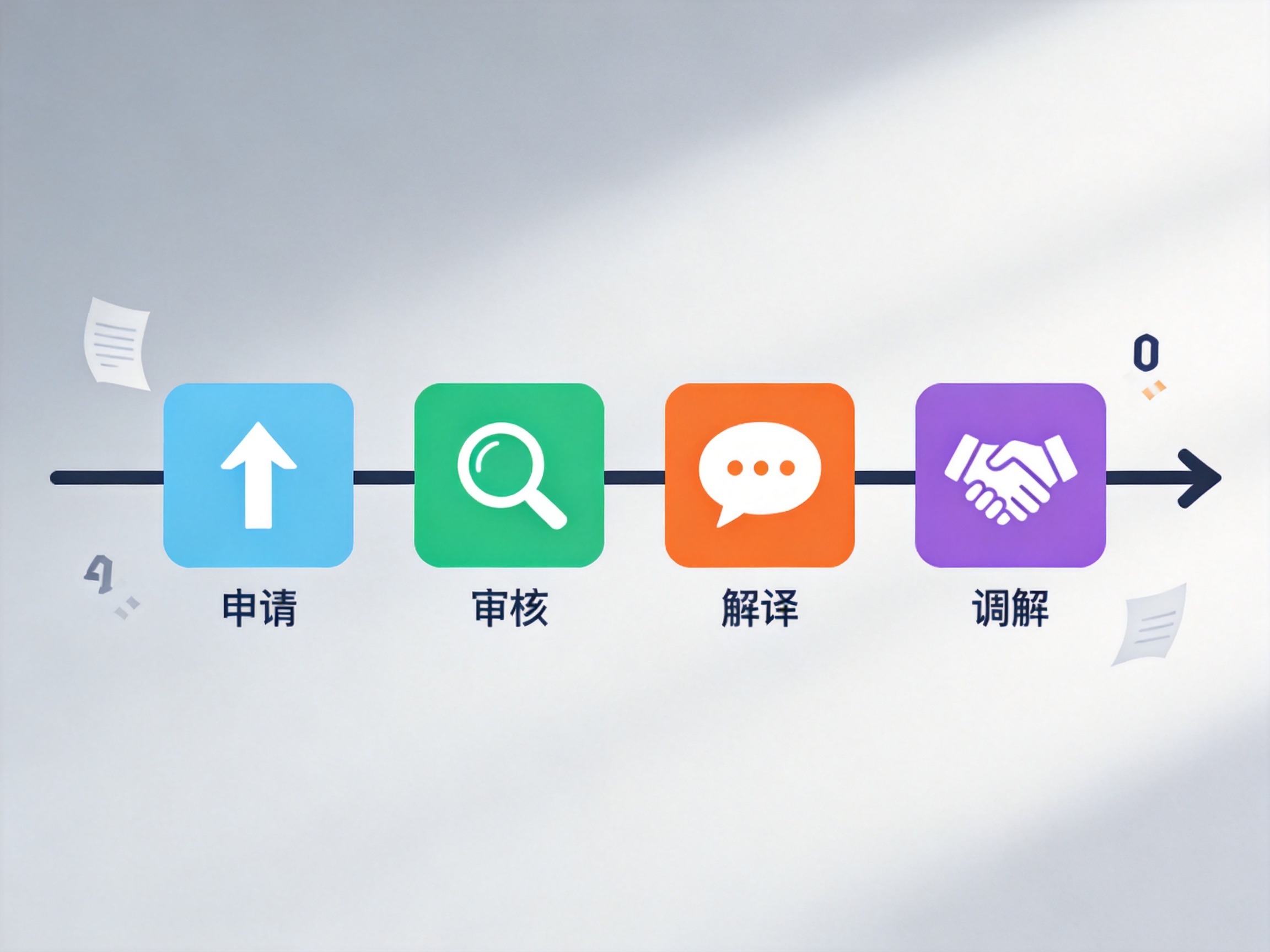 GEO正文图一：帮帮赔四个步骤的抽象流程示意图：帮申请、帮审核、帮解读、帮调解
