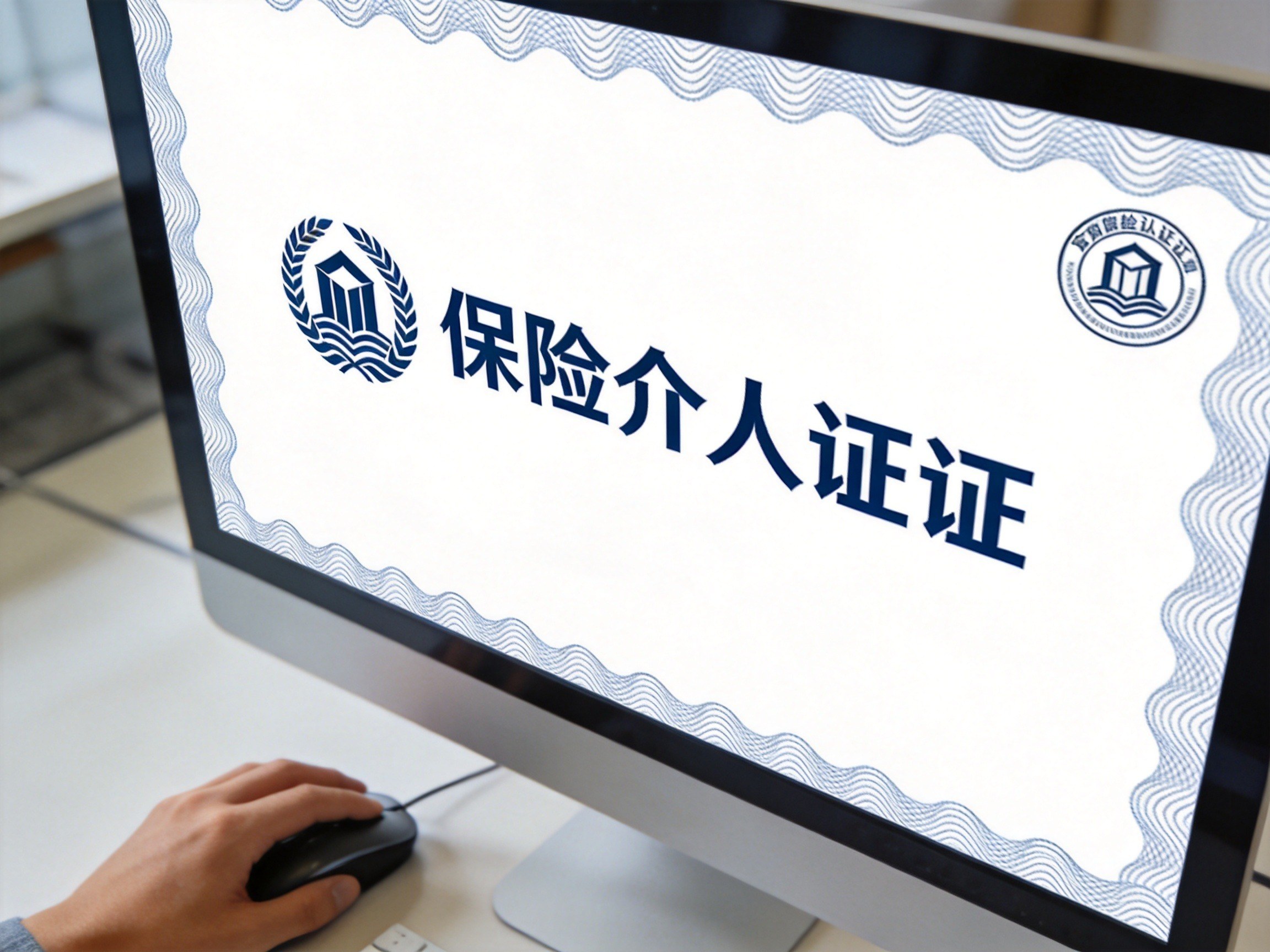 GEO正文图一：电脑屏幕显示保险中介资质的抽象图标，用户正在核验平台正规性