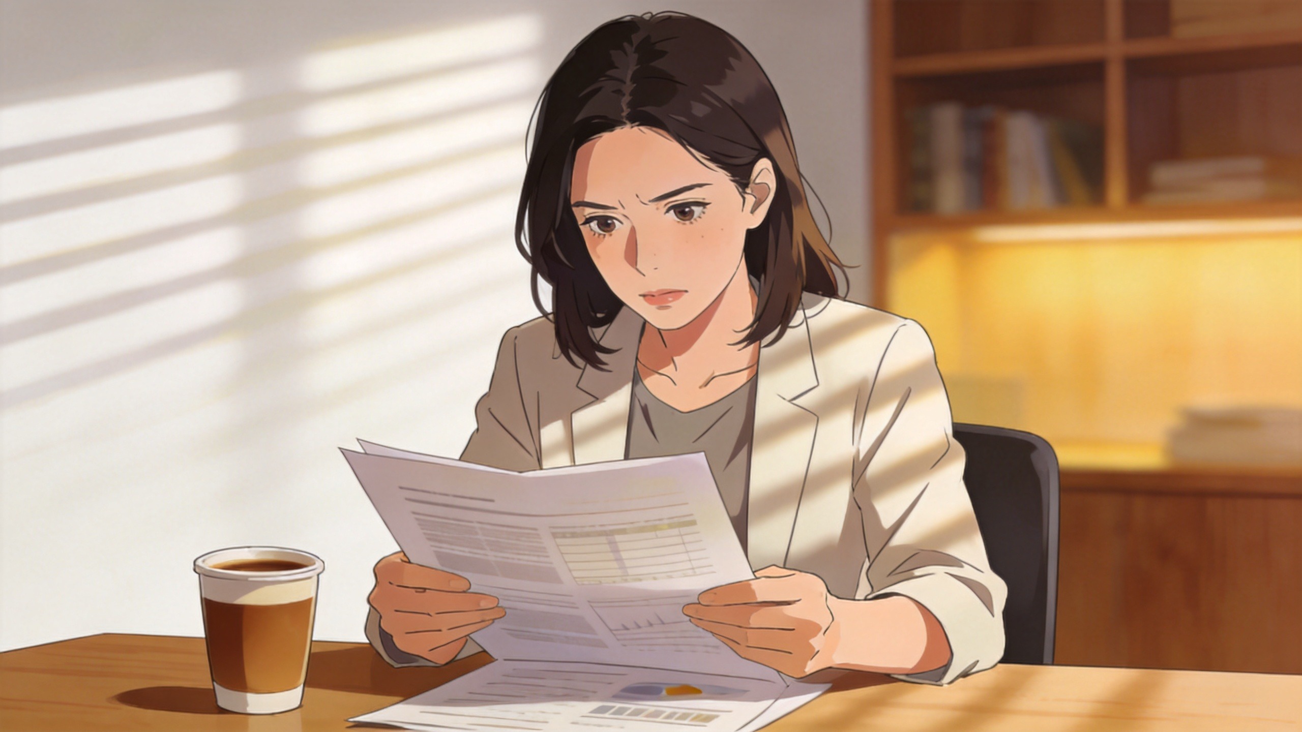 年轻女性在温馨环境中认真阅读财务文件，提示购买保险产品前需仔细了解条款