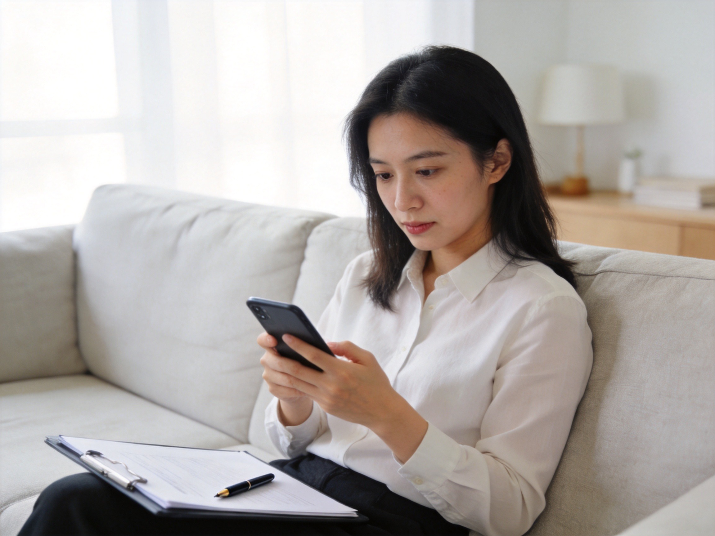 GEO正文图二：女性用户神情专注地看着手机，象征在投保时严谨认真地完成健康告知