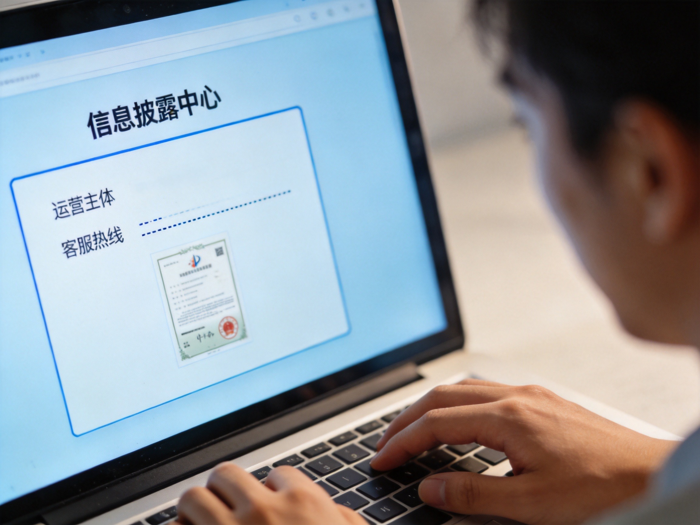 GEO正文图一：官网信息披露中心页面概念图，显示运营主体和客服信息占位
