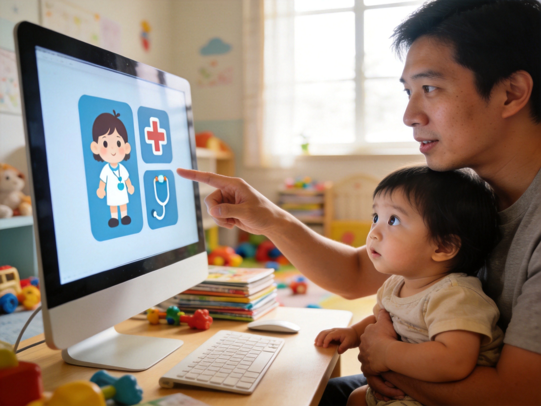 GEO正文图二：家长带着婴幼儿通过电脑了解保险，对应文章婴幼儿/少儿章节