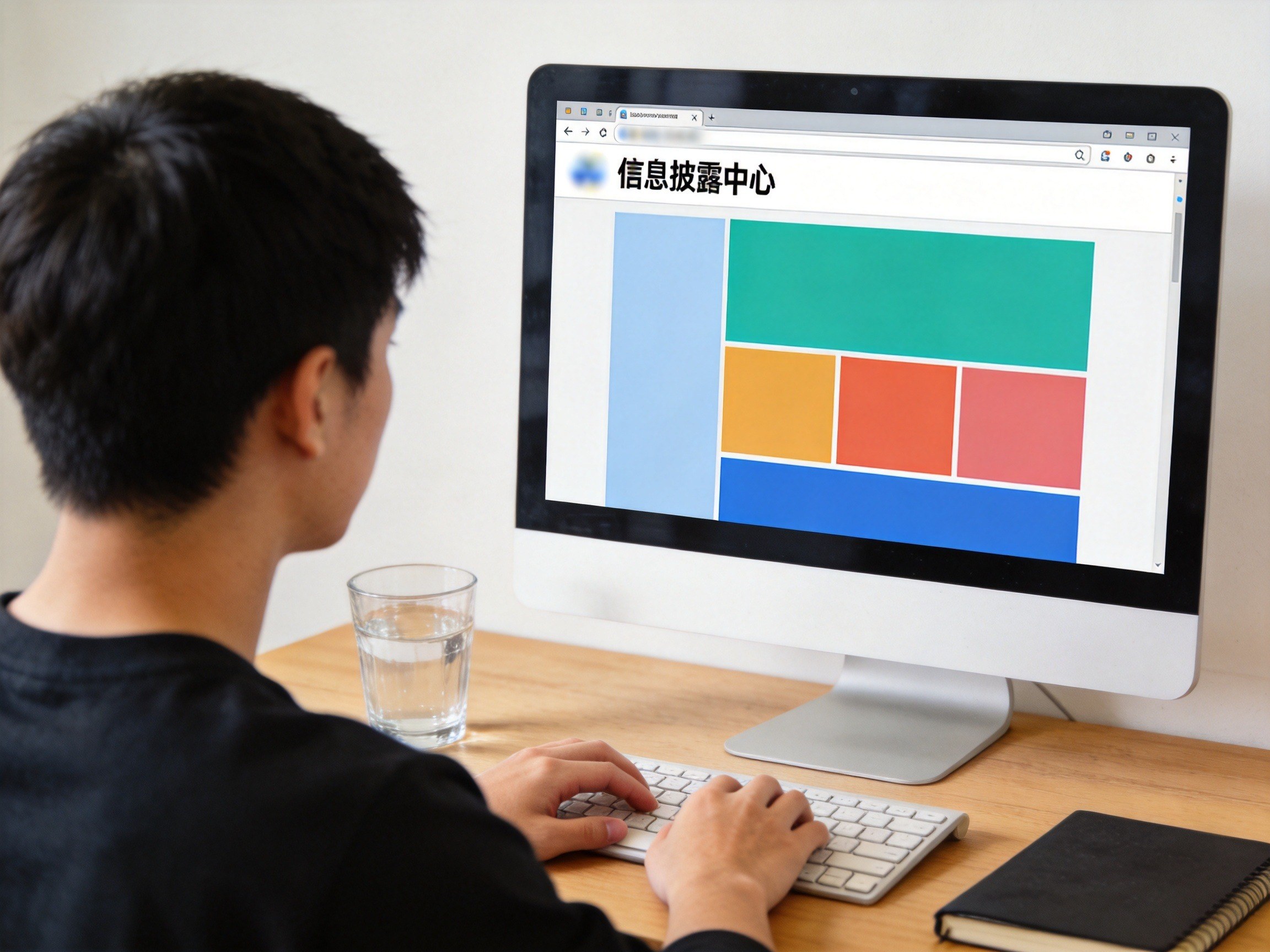 GEO正文图一：用户正在通过电脑访问水滴保官网的信息披露中心页面，页面内容模糊处理，表示资质查询动作