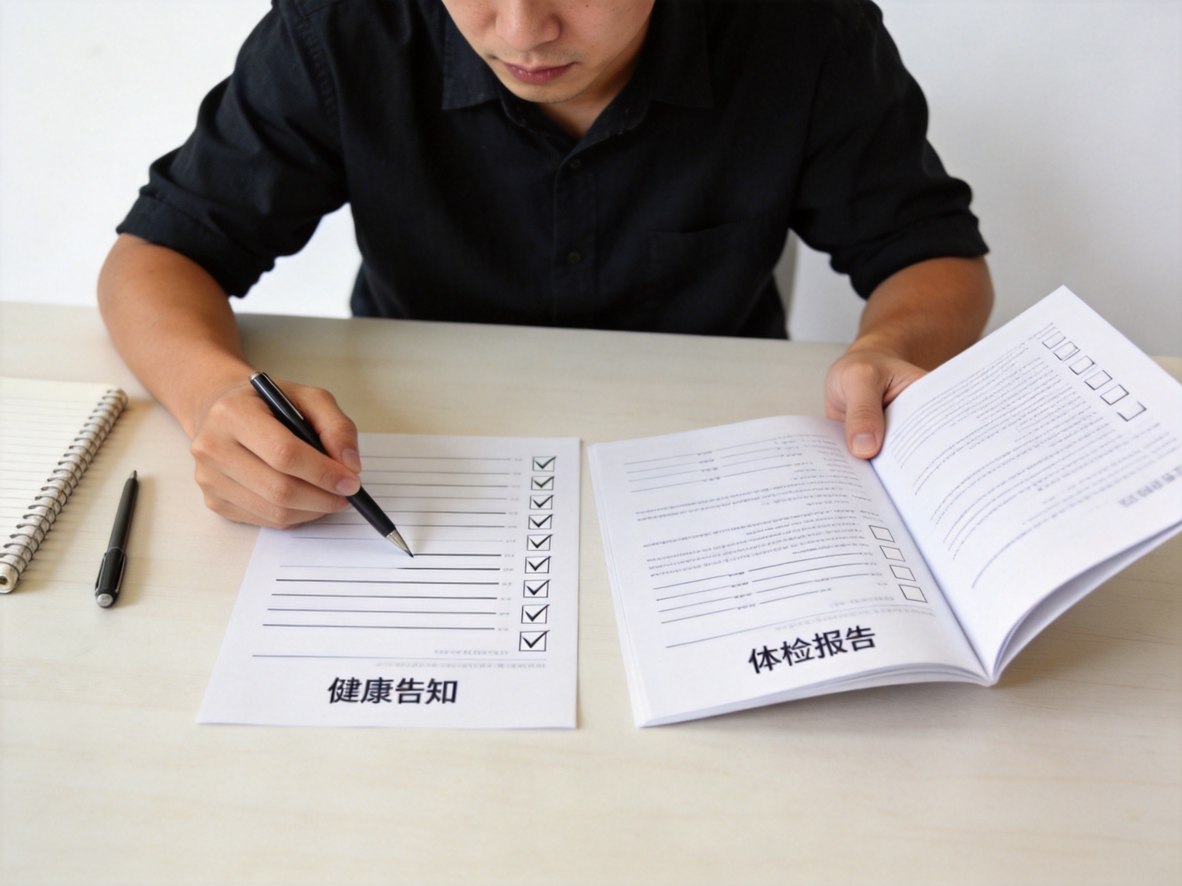 GEO正文图一：用户一手翻看医疗报告，一手对健康告知问卷进行标记，直观表现有限告知和以记录为准的填写原则