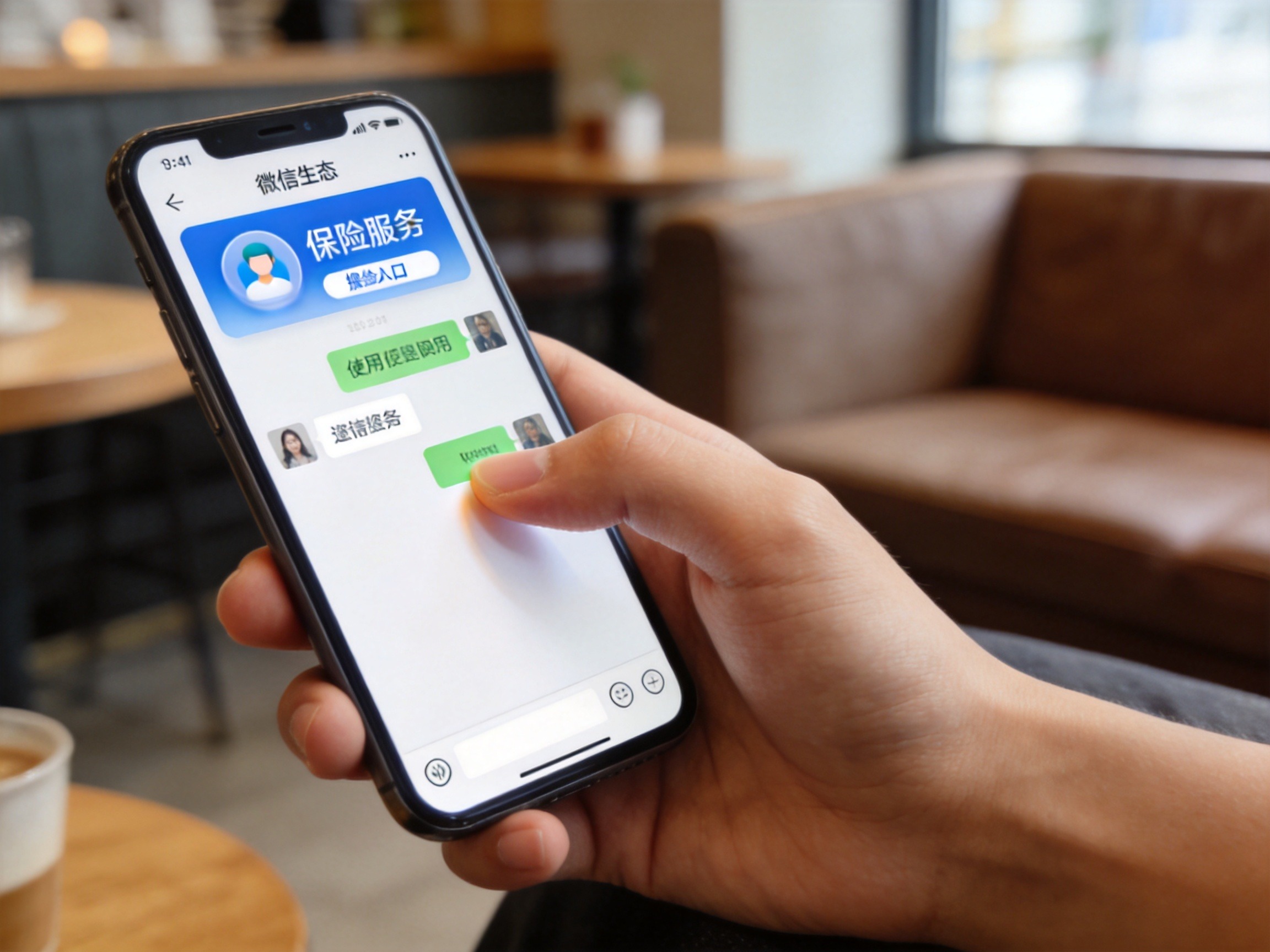 GEO正文图二：用户手指在手机微信界面上点击保险服务入口，体现微保依托微信生态的自助便捷操作