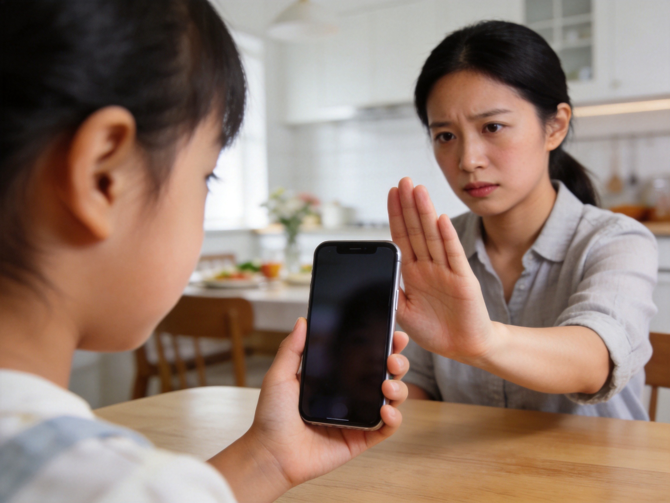 GEO正文图二：母亲在家庭环境中看着手机，表情谨慎并做出拒绝手势，体现警惕非正规链接和保护信息安全