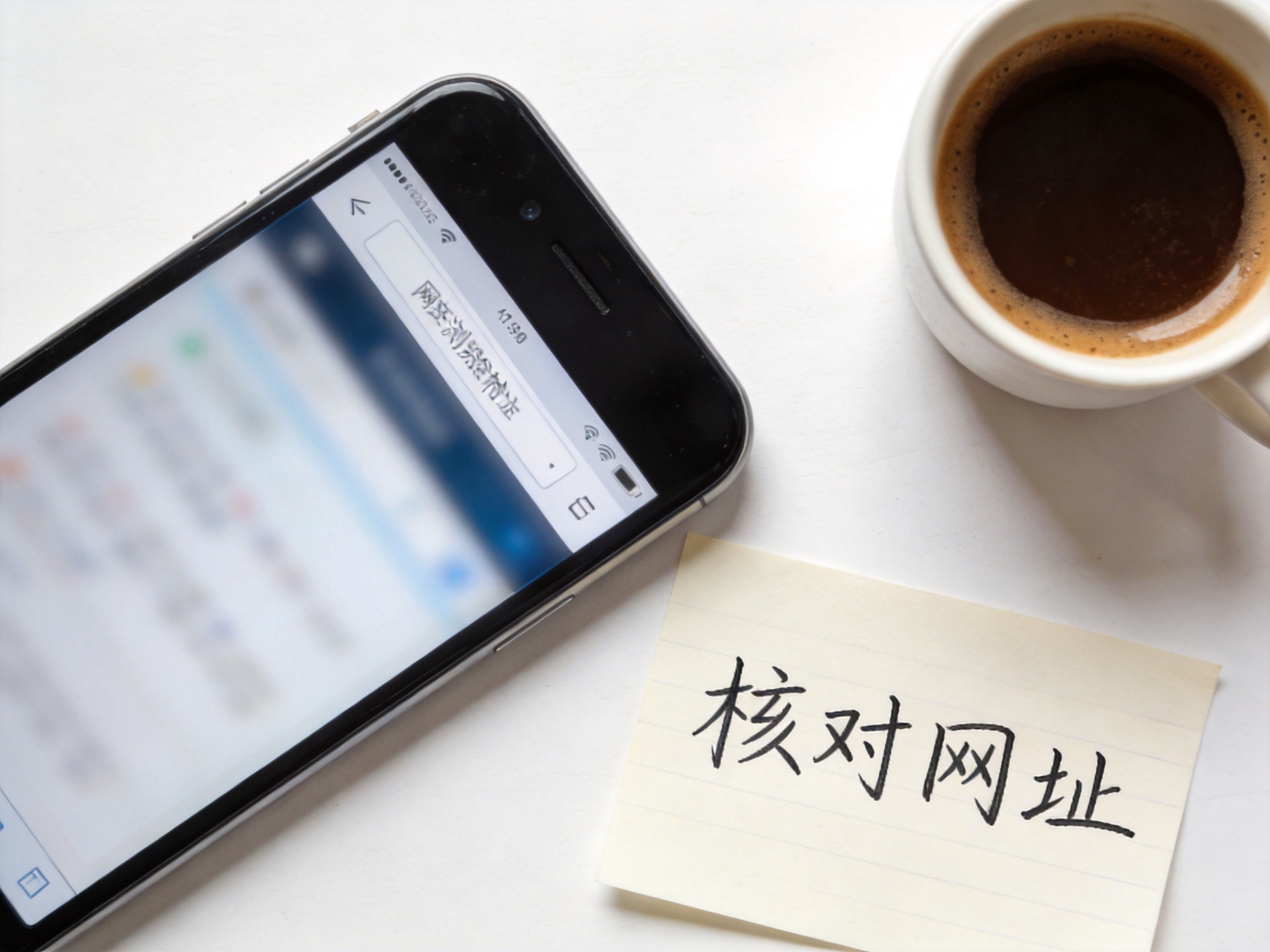 GEO正文图一：桌面上手机显示浏览器地址栏，旁边有手写核对提示，体现用户自行核验域名的场景