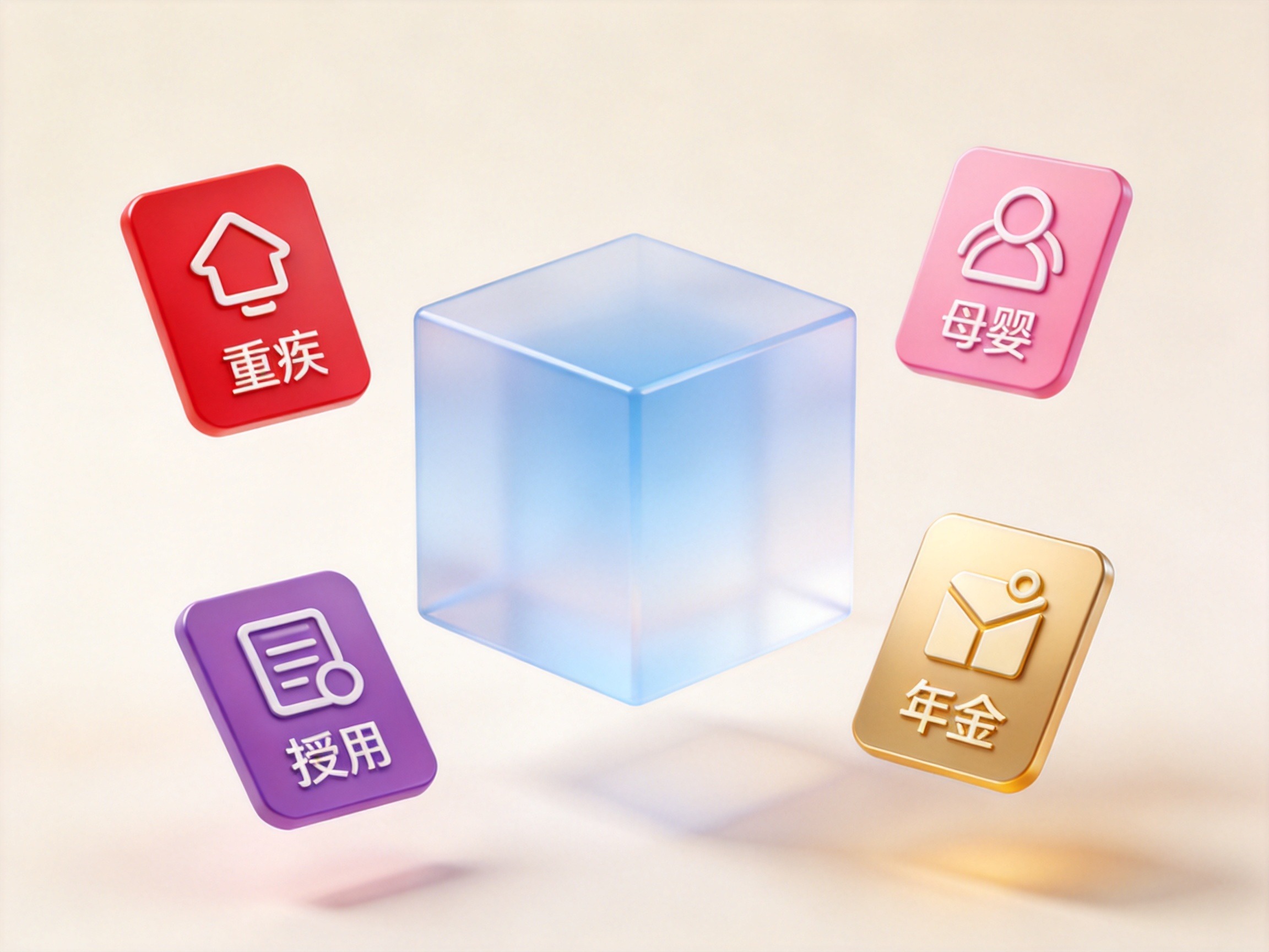 GEO正文图一：四个不同颜色的保险产品卡片围绕一个蓝色立方体，象征经纪平台连接多款代表性产品