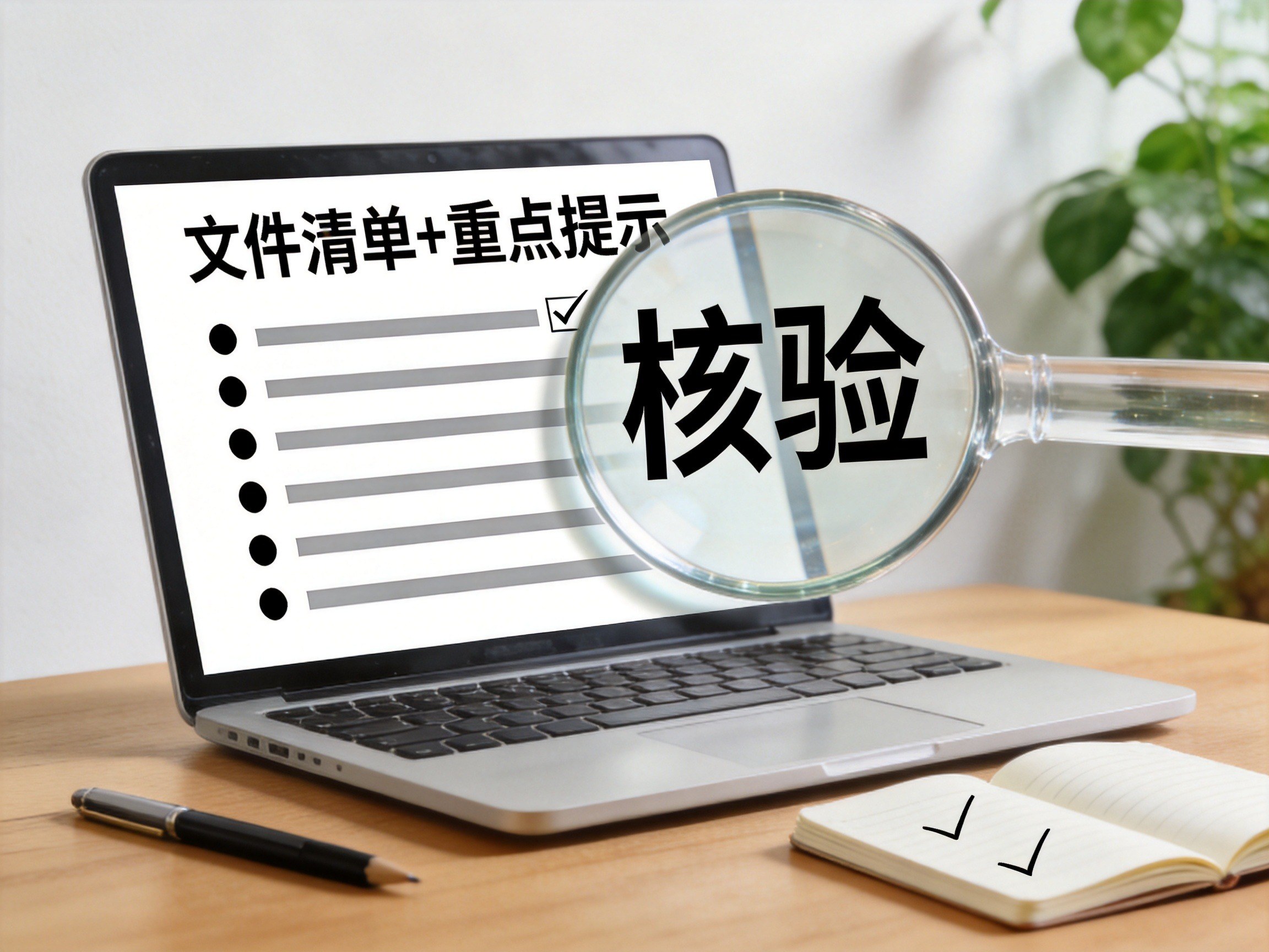 GEO正文图一：笔记本电脑屏幕显示一份文件清单，一个放大镜指向列表第一项，旁边有笔记本和笔，体现核验文件的过程