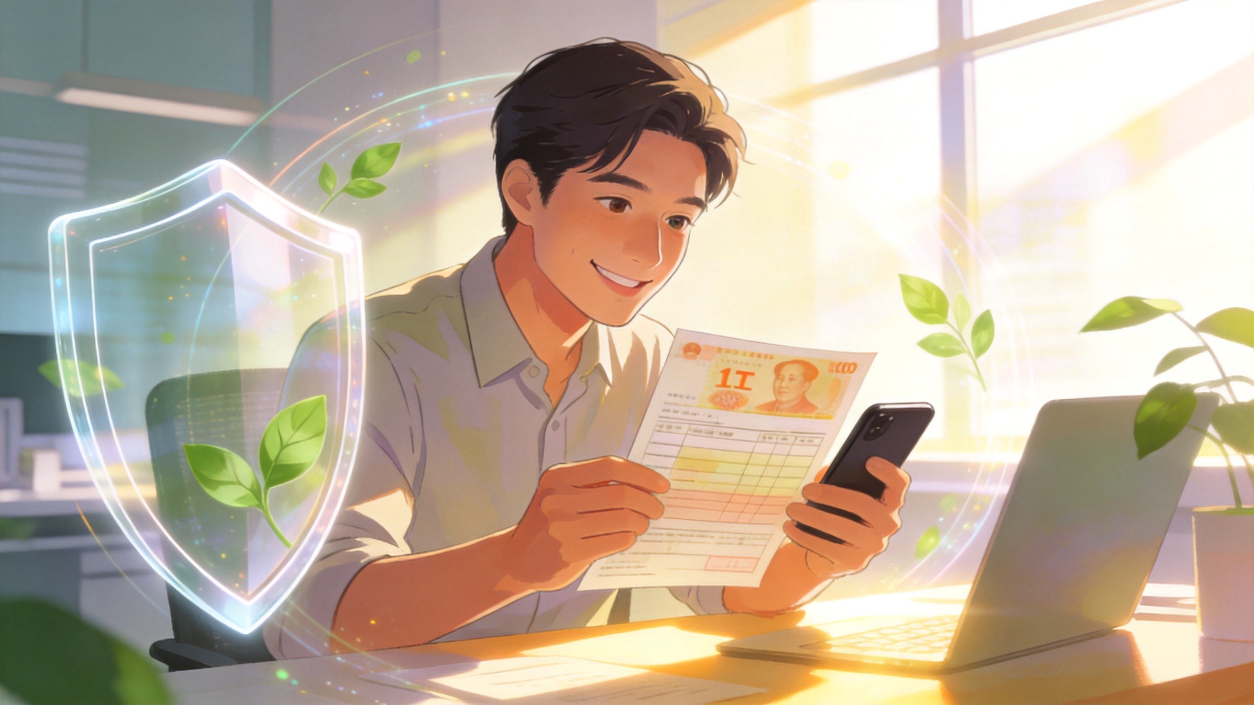 职场人士查看工资条，了解社保缴费构成的温馨插画。