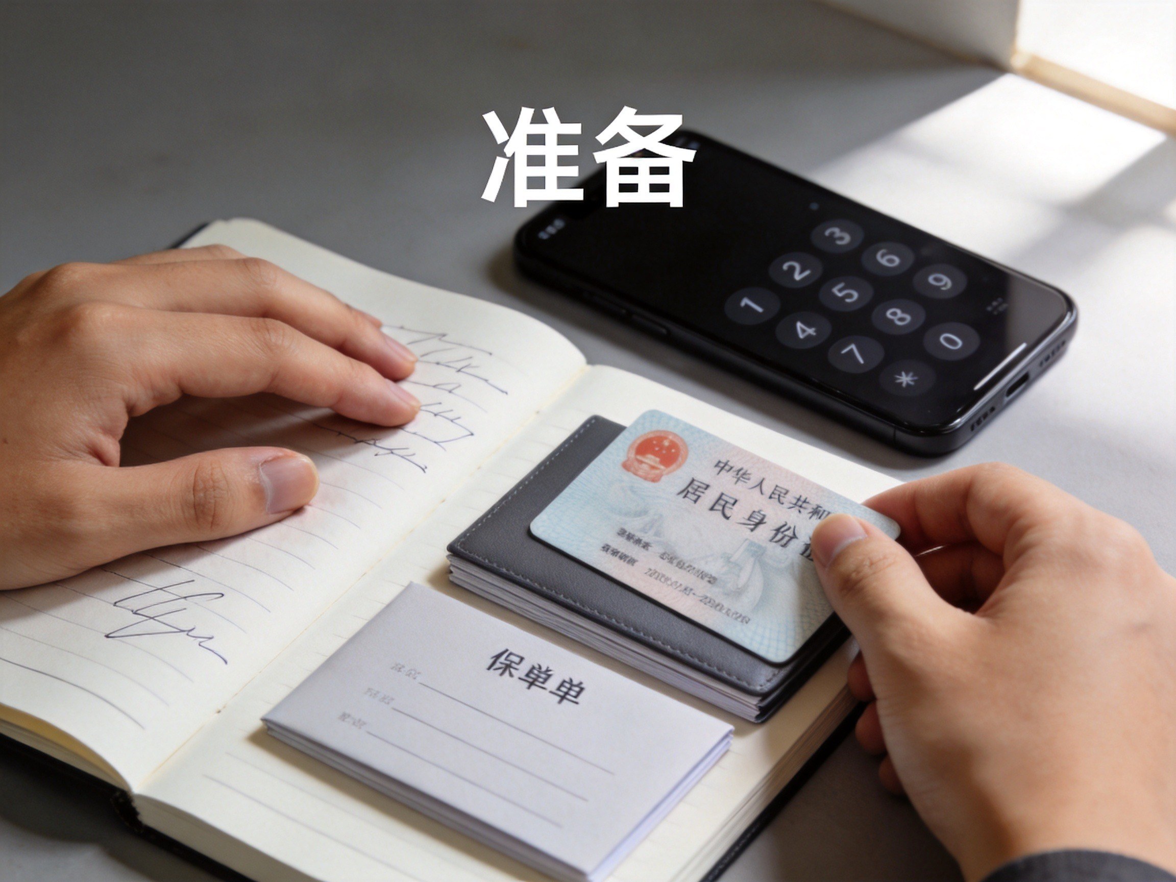 GEO正文图一：桌面上身份证、保单和笔记本排列整齐，旁边有手机，表示拨打前需准备这些材料