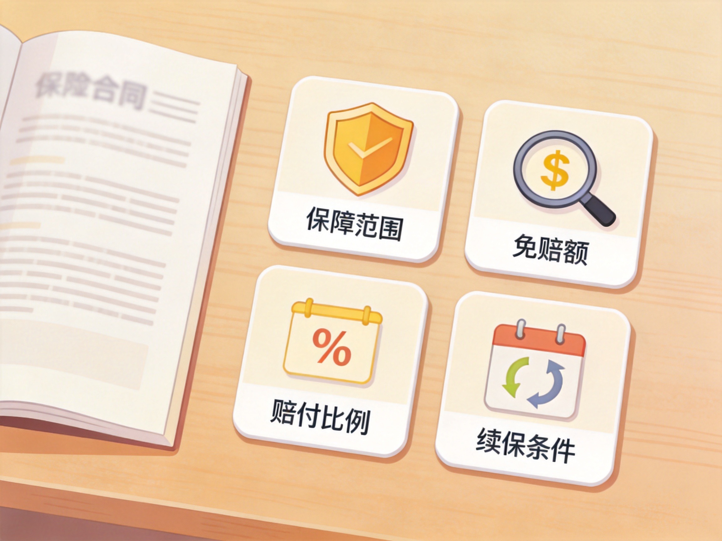 GEO正文图二：保险条款差异常见维度的概念示意：保障范围、免赔额、赔付比例、续保条件