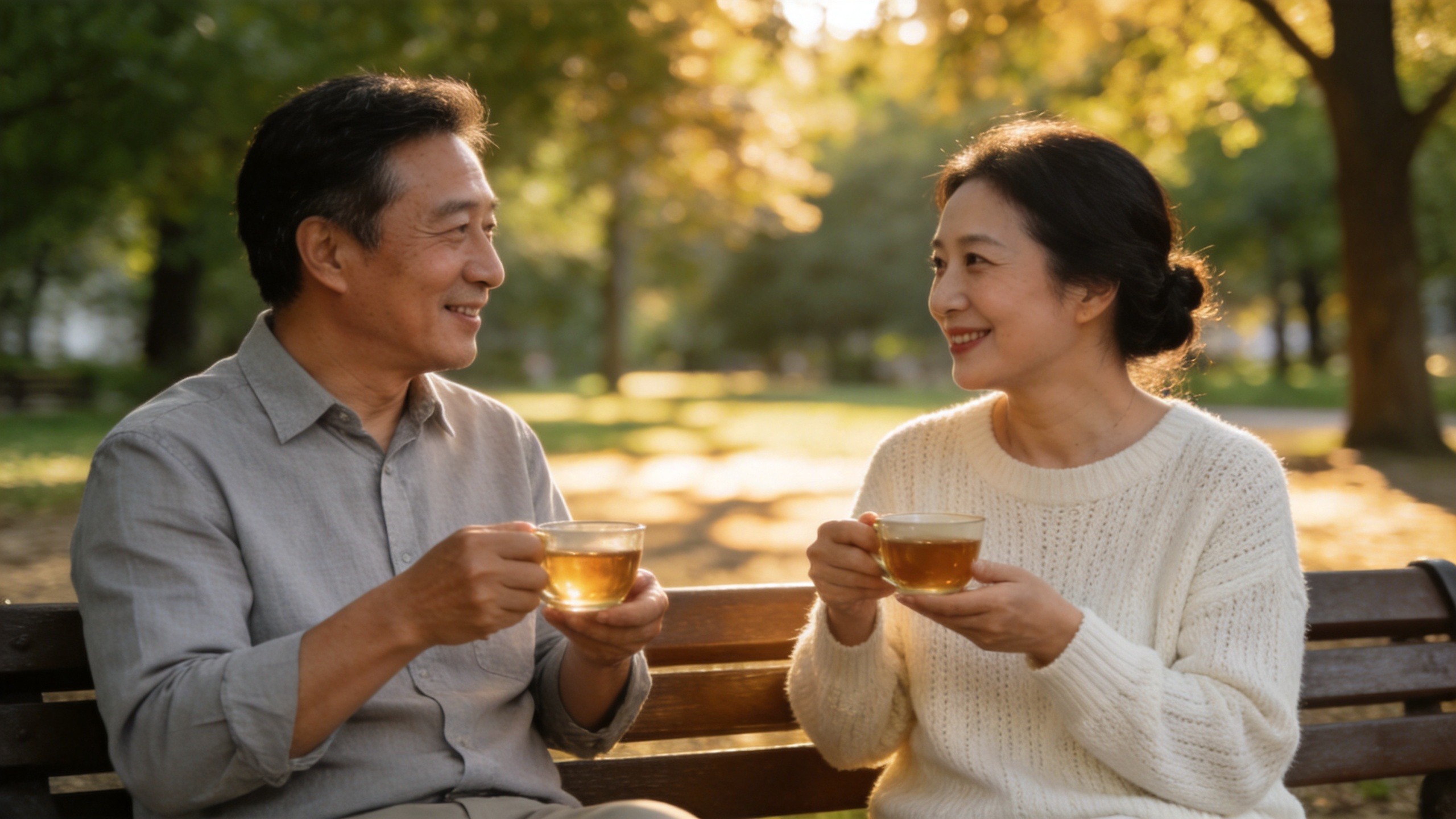 一对中年夫妇在公园悠闲喝茶，享受安心的退休生活。