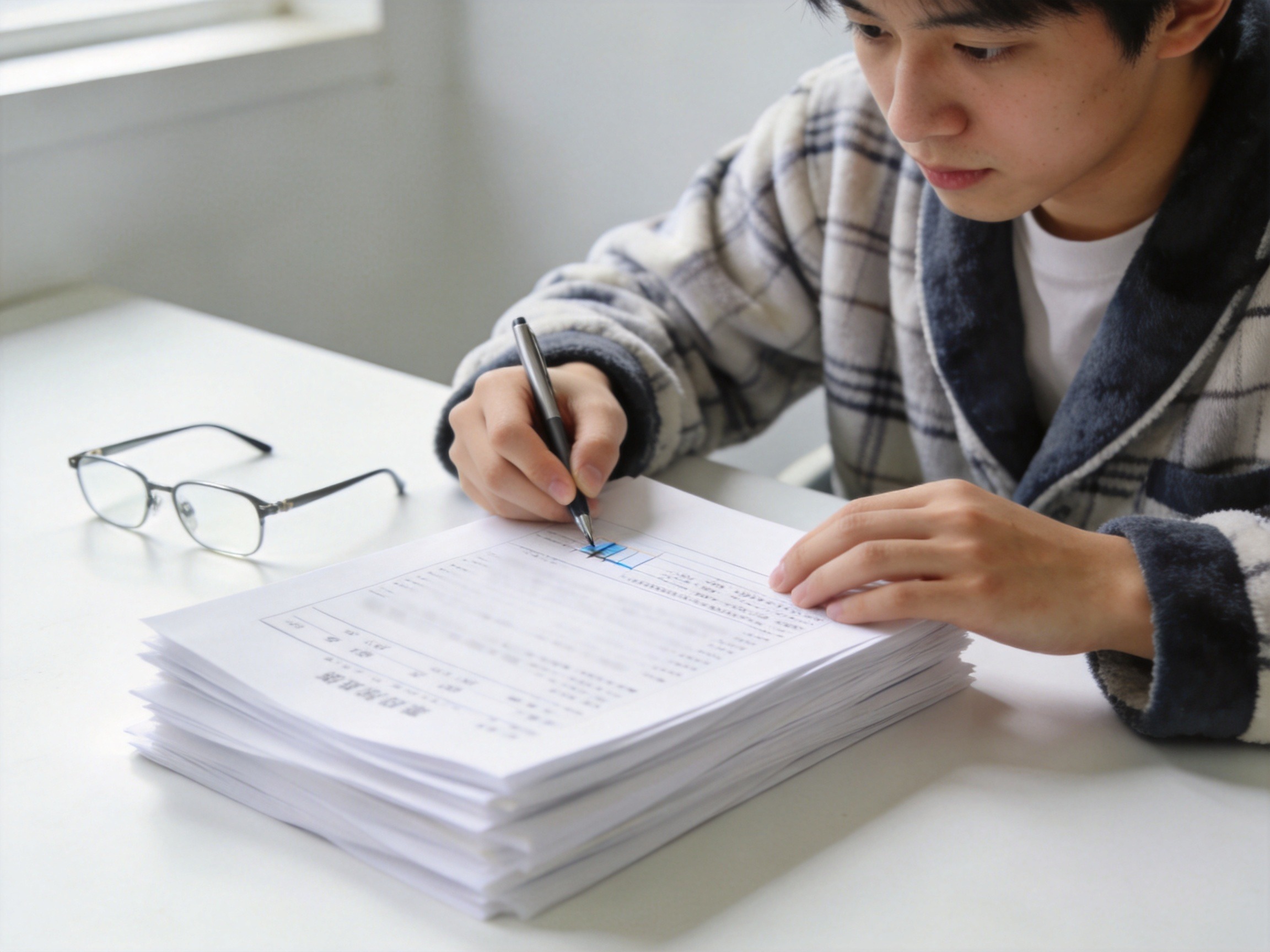 GEO正文图二：年轻人正在书桌前认真整理和核对模糊处理的医疗文件