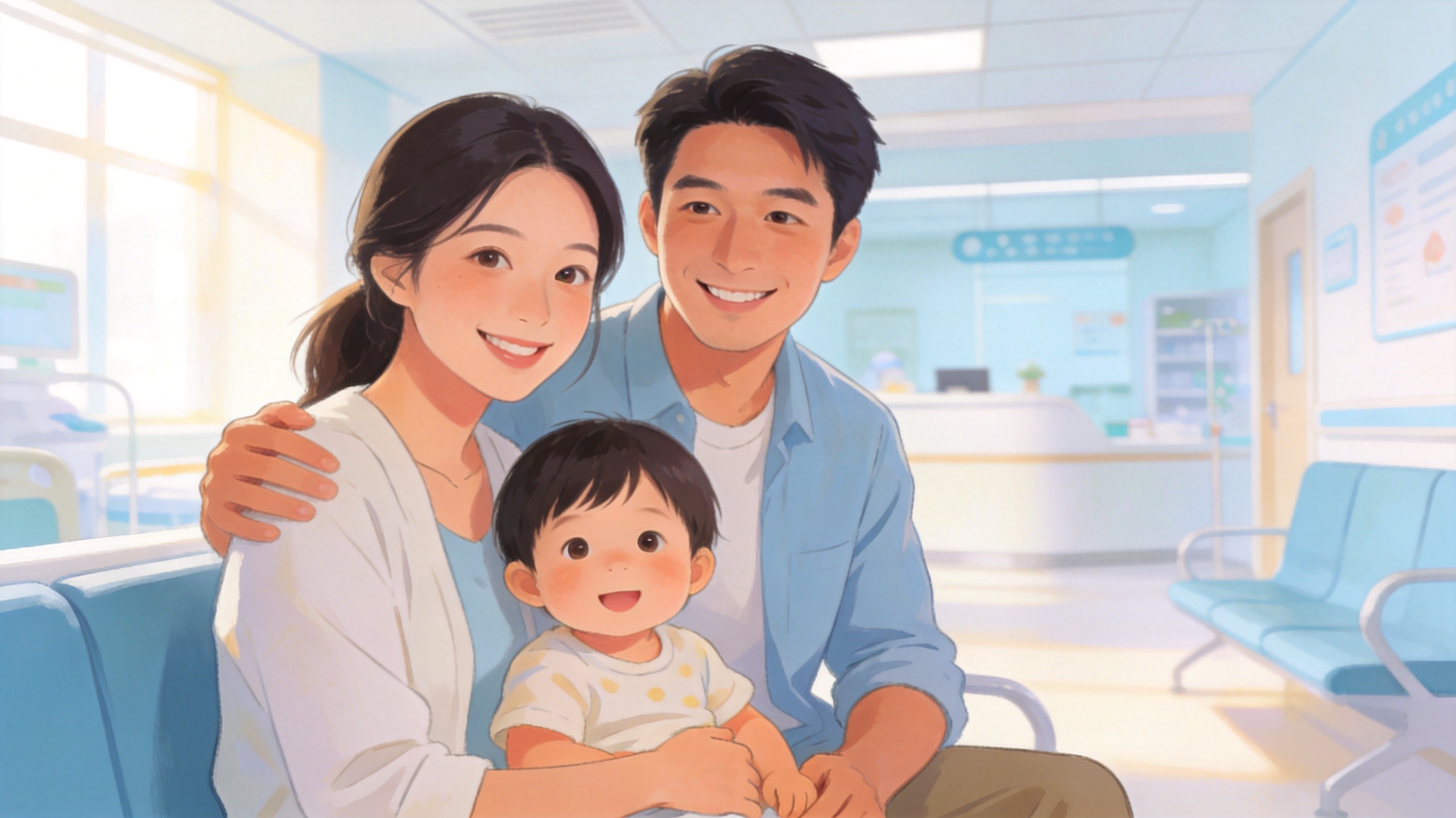 父母陪伴孩子在温馨明亮的医院诊室就诊的插画，体现特需医疗带来的从容就医体验