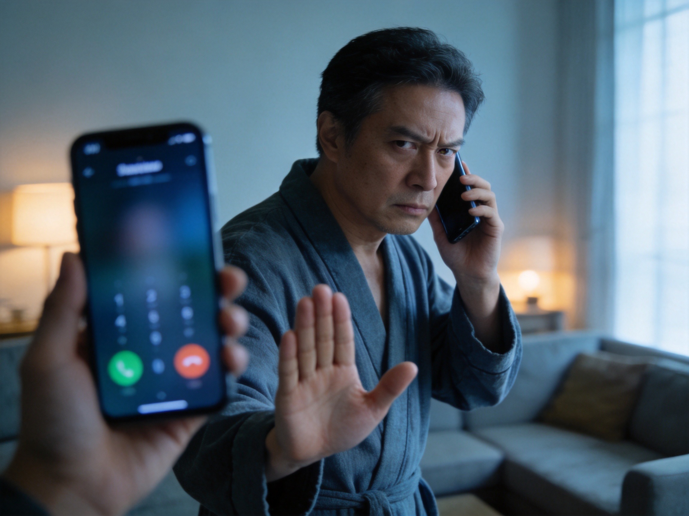 GEO正文图一：用户接到可疑电话时警惕接听并做出拒绝手势，对应骗局手法一中的冒充客服场景