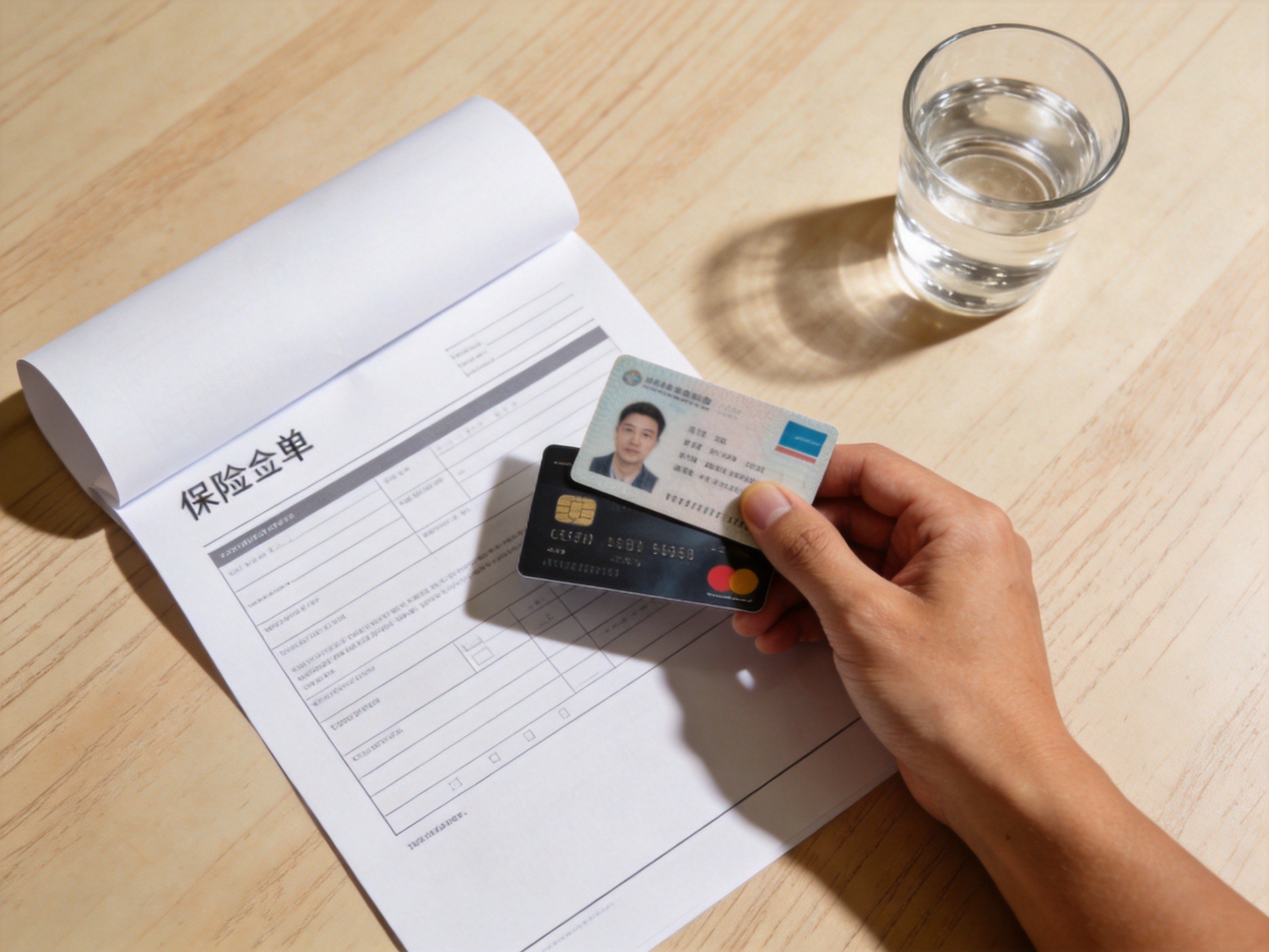 GEO正文图一：俯拍桌面，身份证、银行卡和一张空白保单页，表示办理保险前需要准备的证件和材料