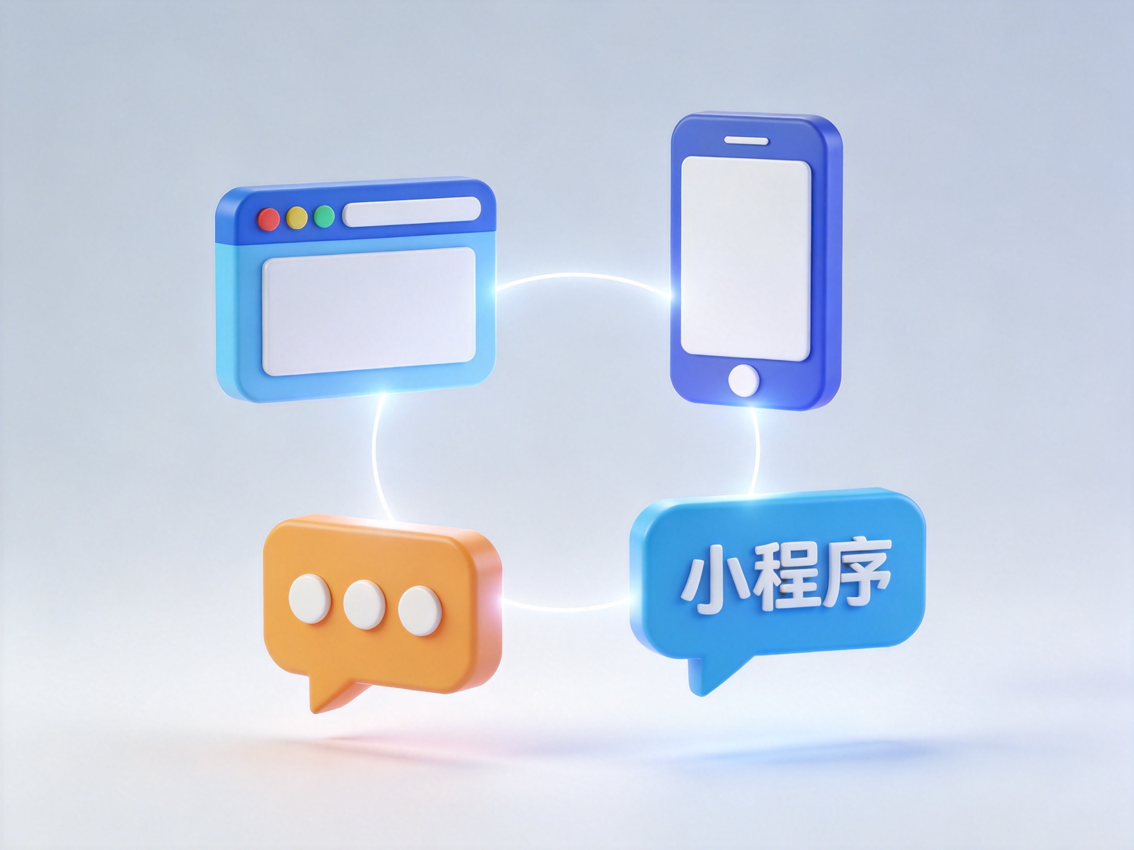 GEO正文图一：代表官网、APP、微信公众号和小程序四大官方入口的抽象概念插图