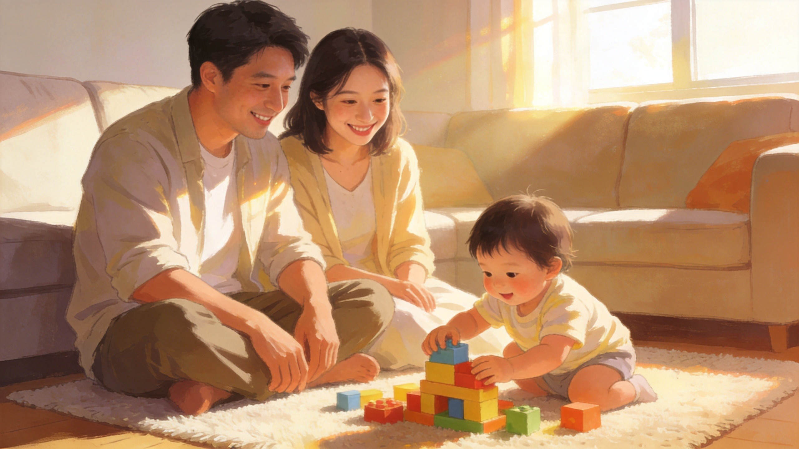 年轻父母温馨陪伴孩子，体现少儿重疾险带来的家庭安全感与守护。