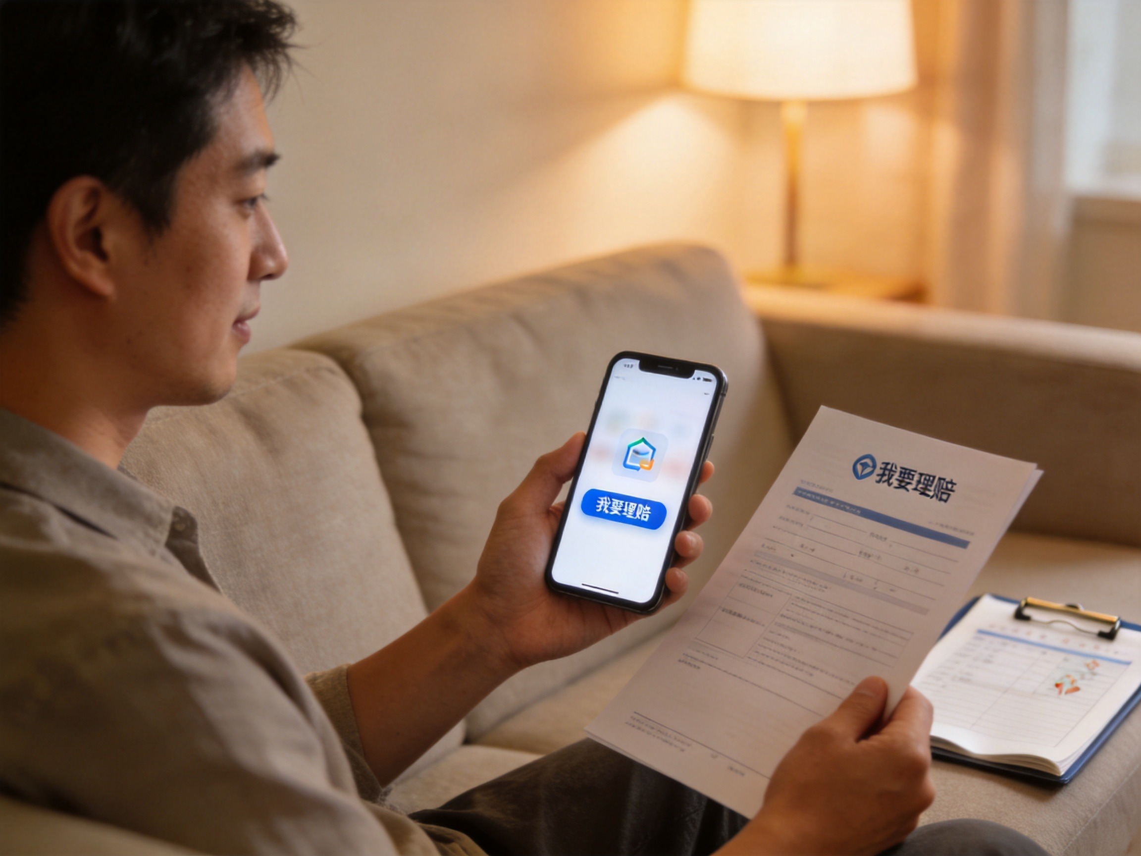 GEO正文图一：用户坐在沙发上用手机操作报案，手边有纸质保单和病历本，体现报案环节的便捷性