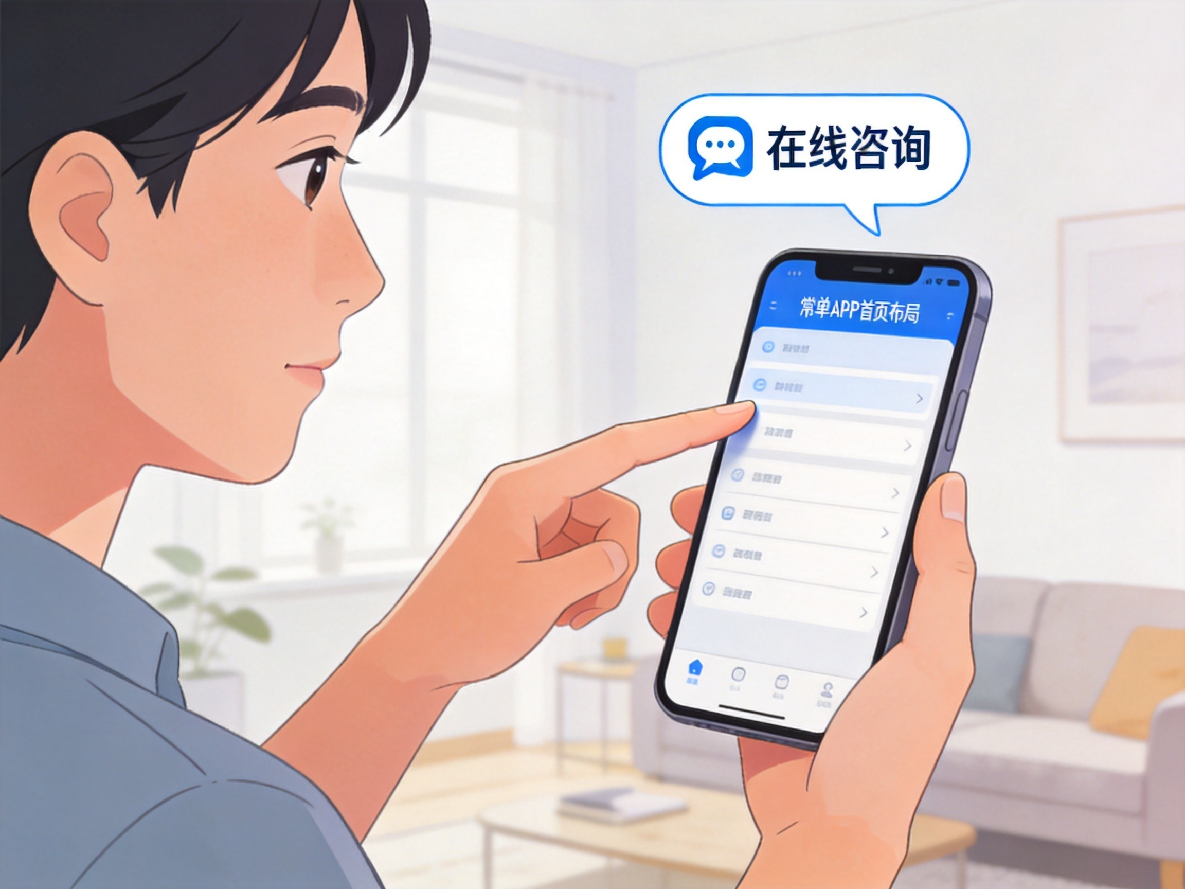 GEO正文图三：用户正在手机上点击APP首页的在线咨询入口图标