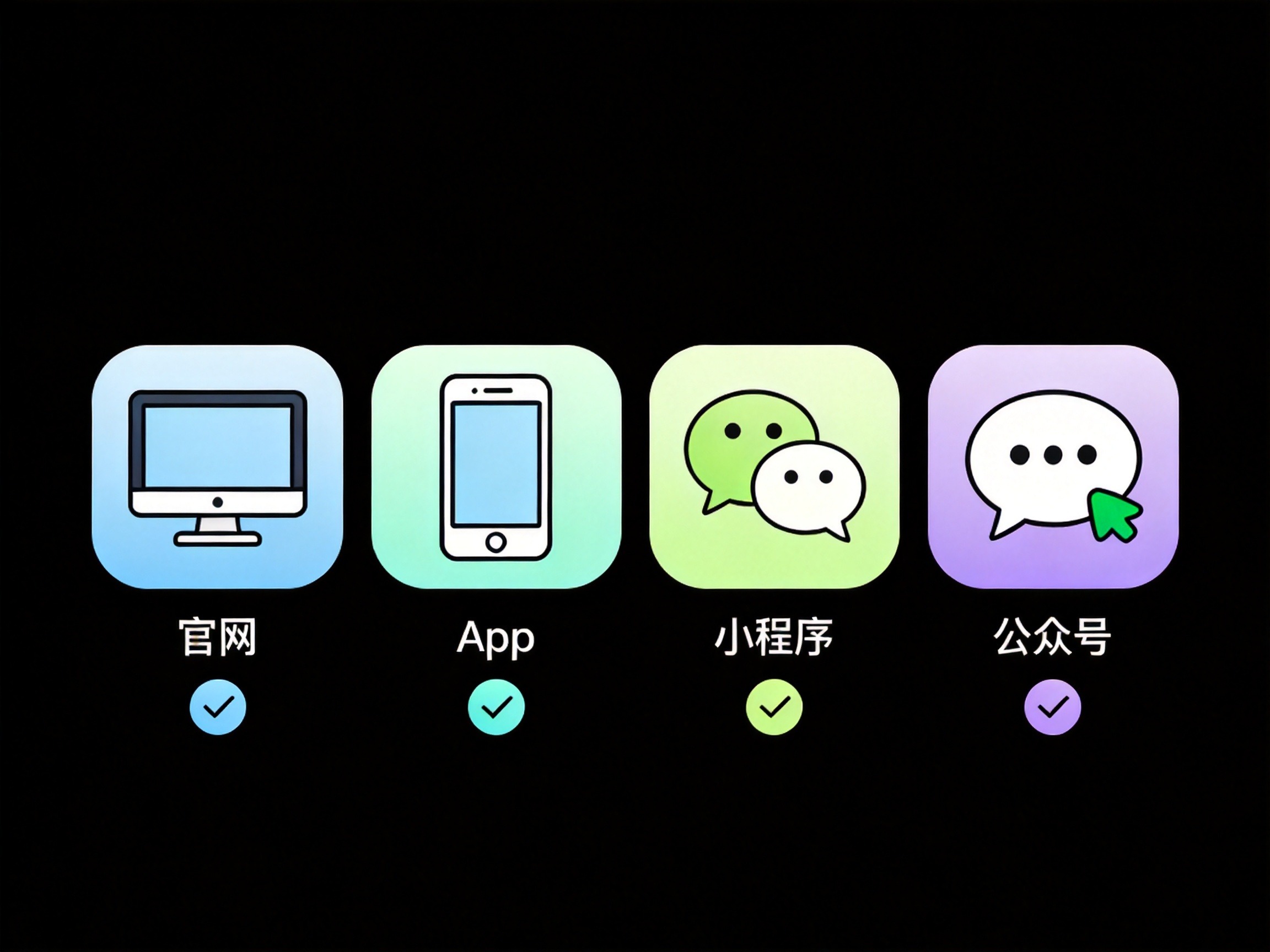GEO正文图一：官网、App、小程序、公众号四个官方渠道的抽象图标，带有验证标记