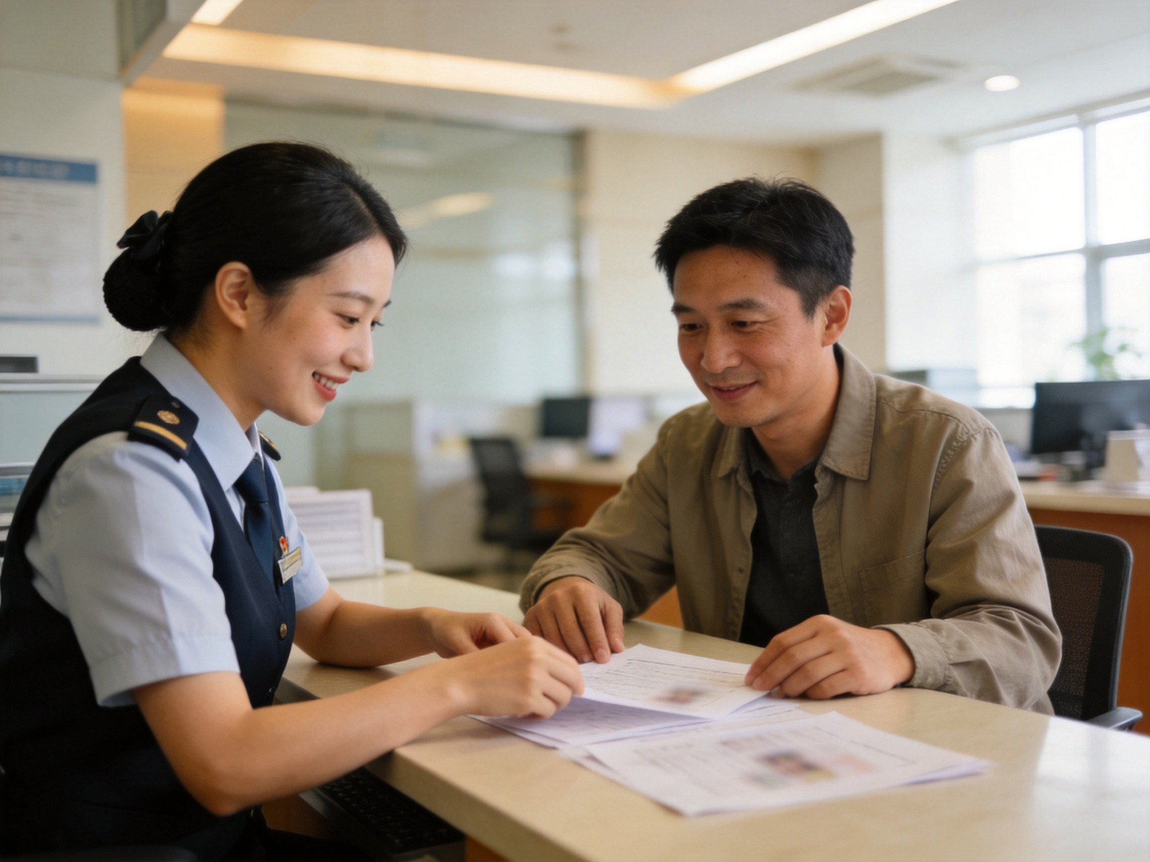 GEO正文图三：工作人员正在耐心协助客户整理和核对纸质材料，体现售后理赔协助场景