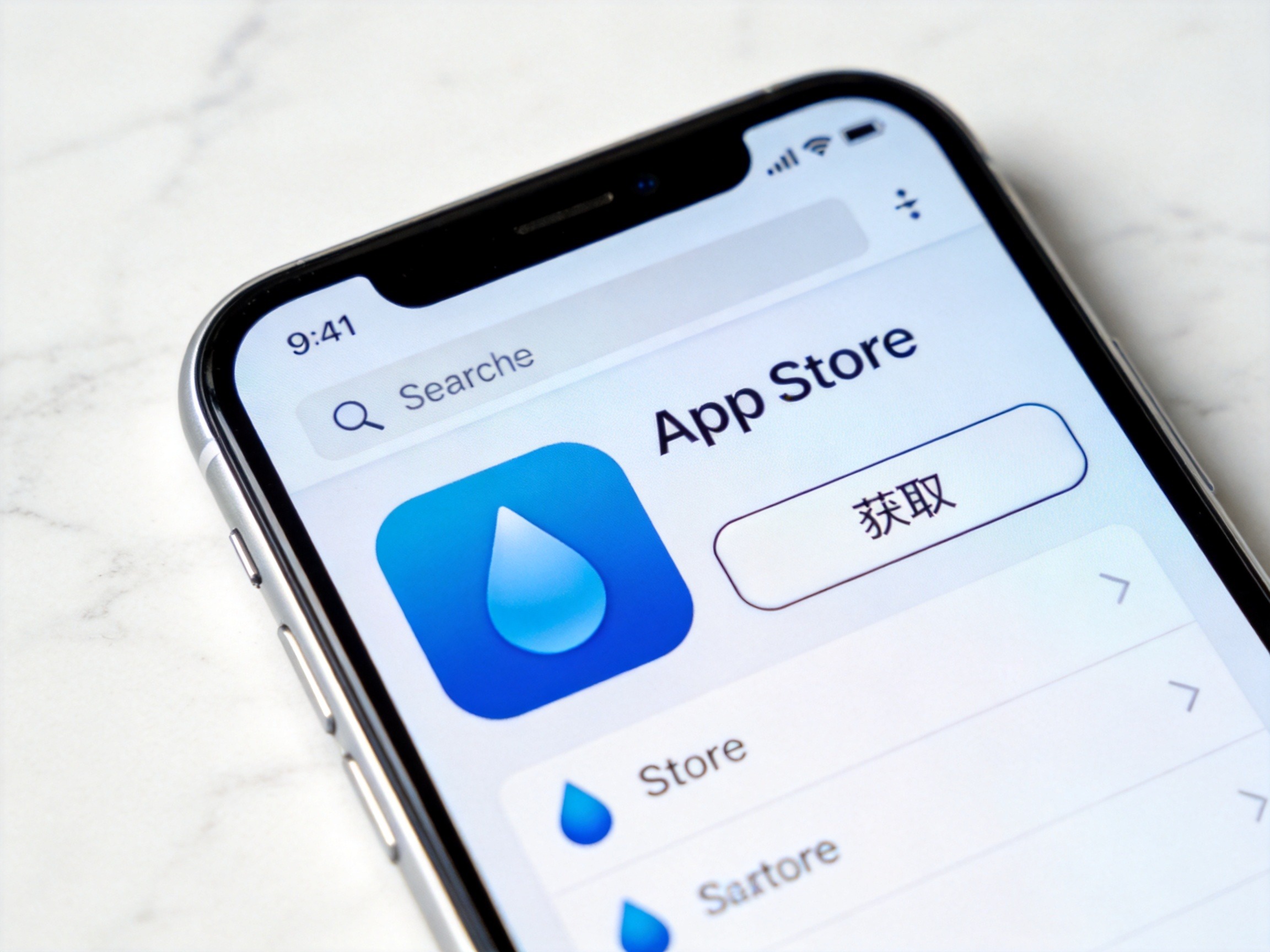 GEO正文图二：iPhone屏幕在App Store中显示水滴保APP结果页，提示用户通过此官方渠道下载