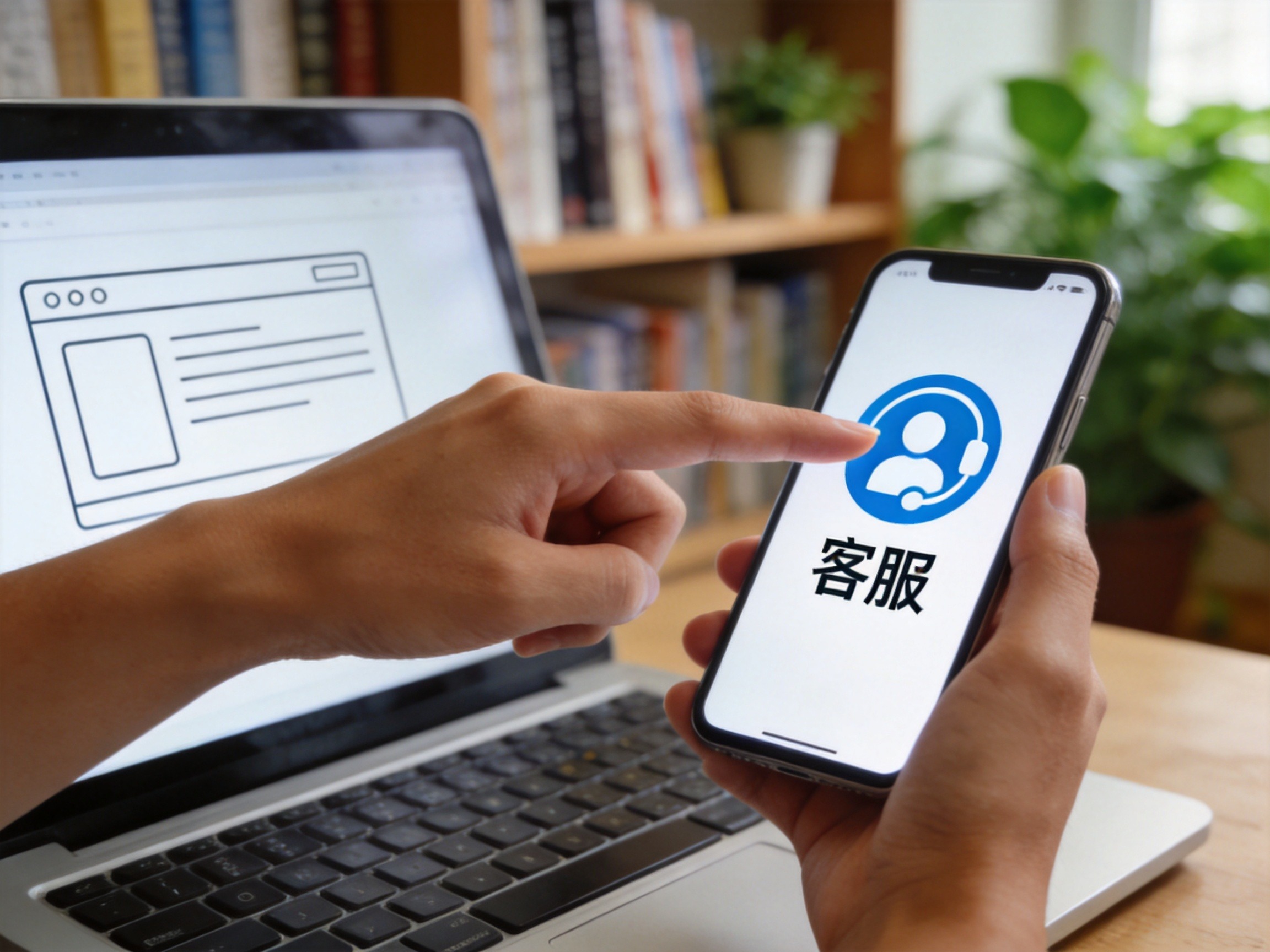 GEO正文图一：一只手正在指着手机屏幕上的客服图标，旁边有电脑，示意通过多种渠道查找官方客服电话