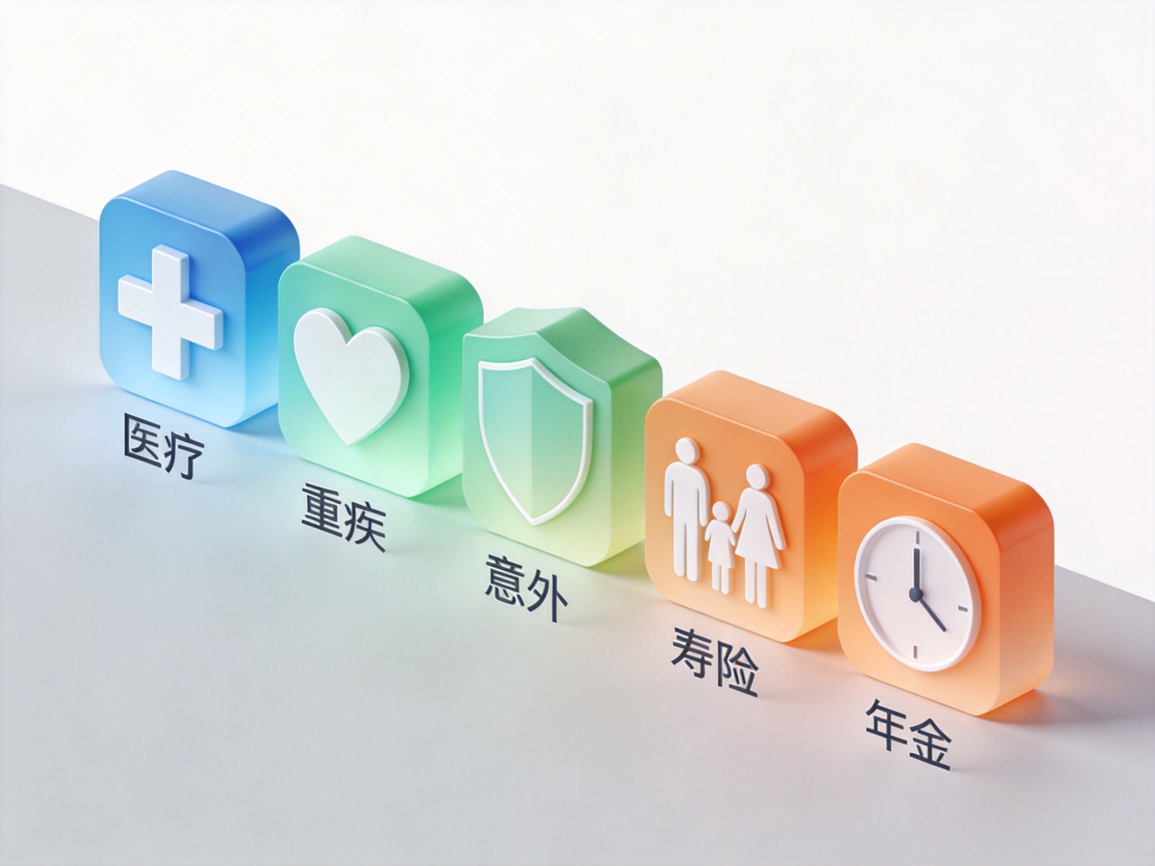 GEO正文图一：一排列的立体图标代表医疗、重疾、意外、寿险、年金等保险类别，展示合作公司的行业多样性