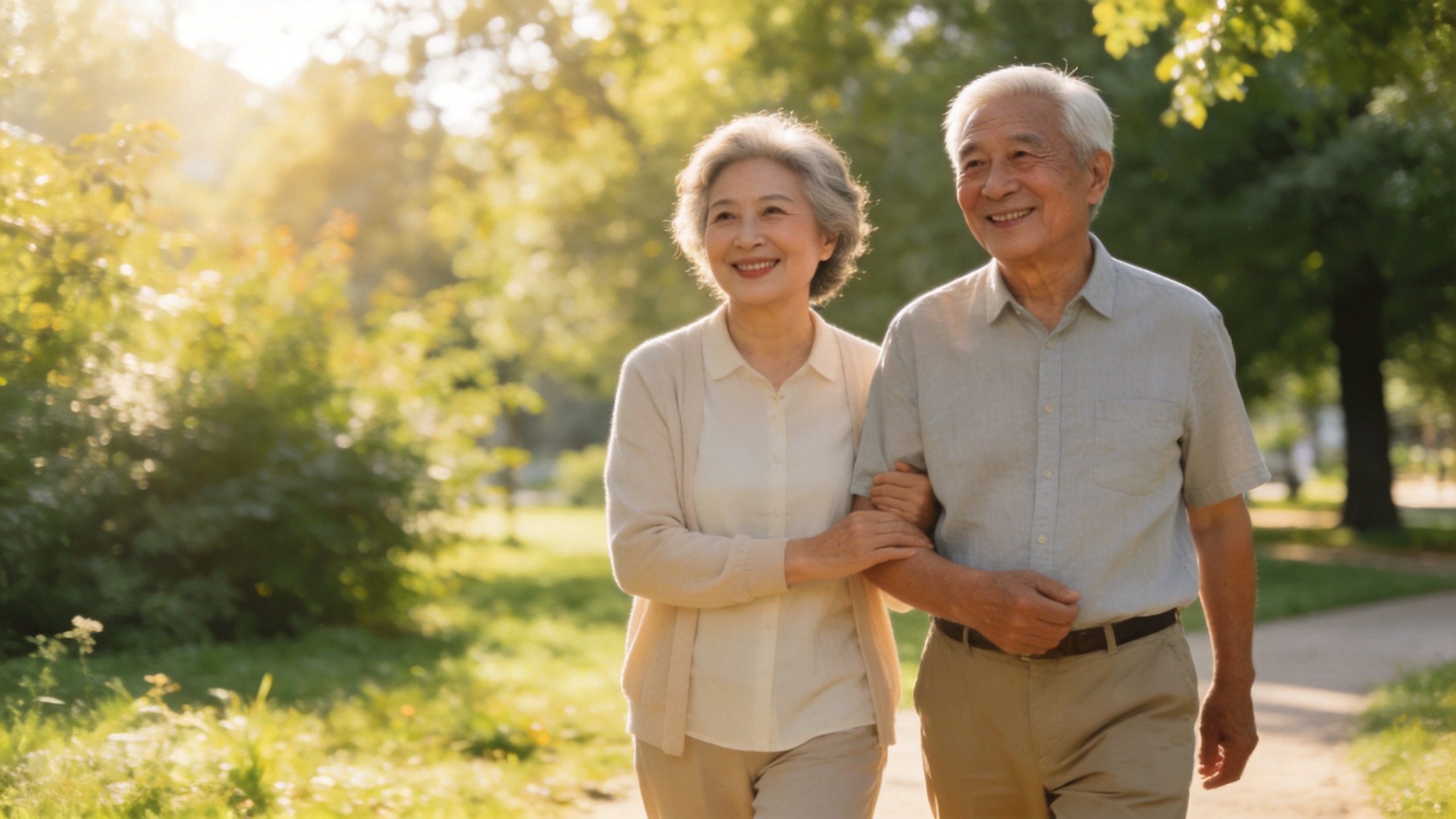 老年夫妇在公园温馨散步，体现养老规划的安心与守护。