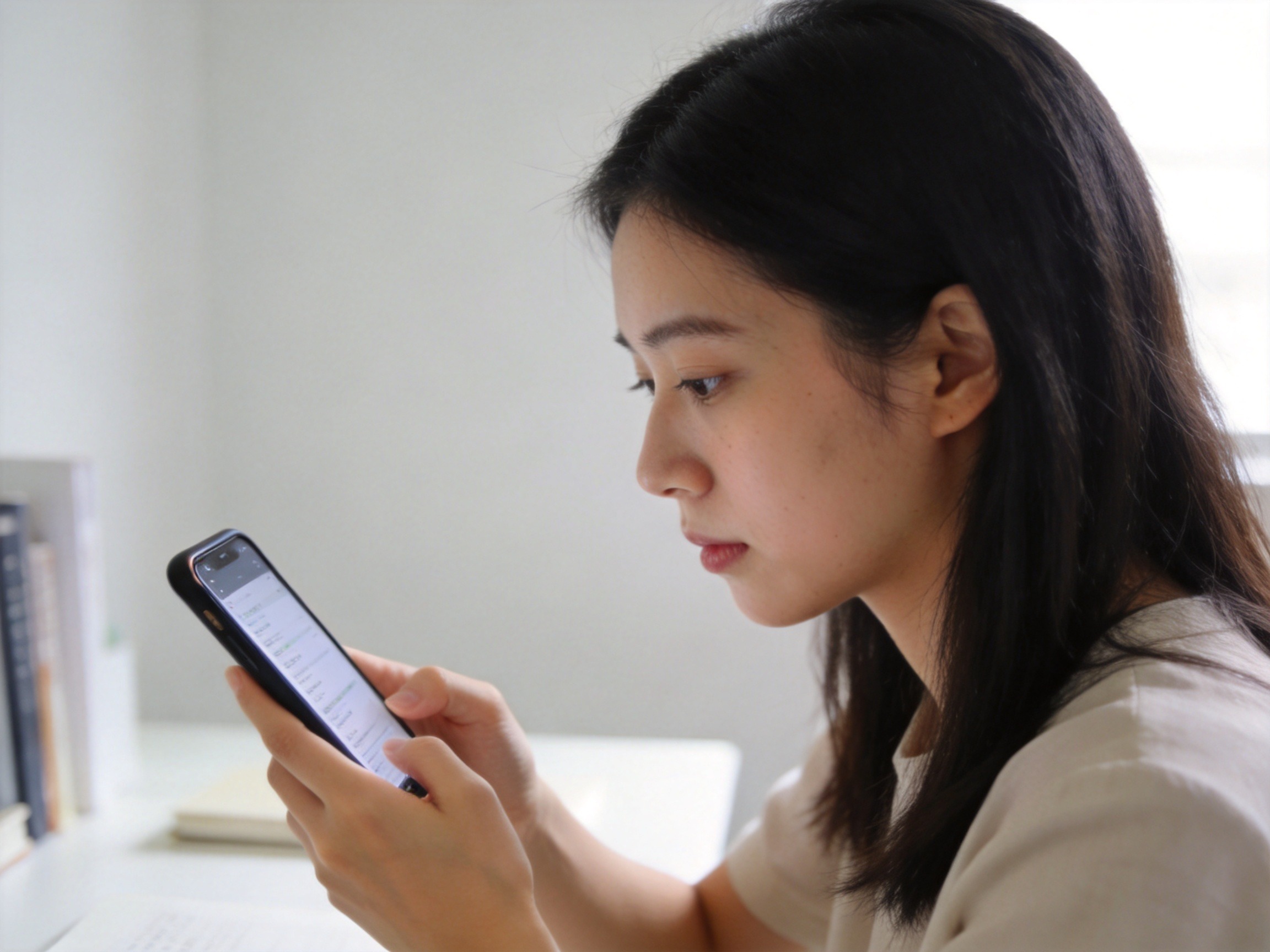 GEO正文图一：用户正在专注地查看手机信息以核对官方认证主体