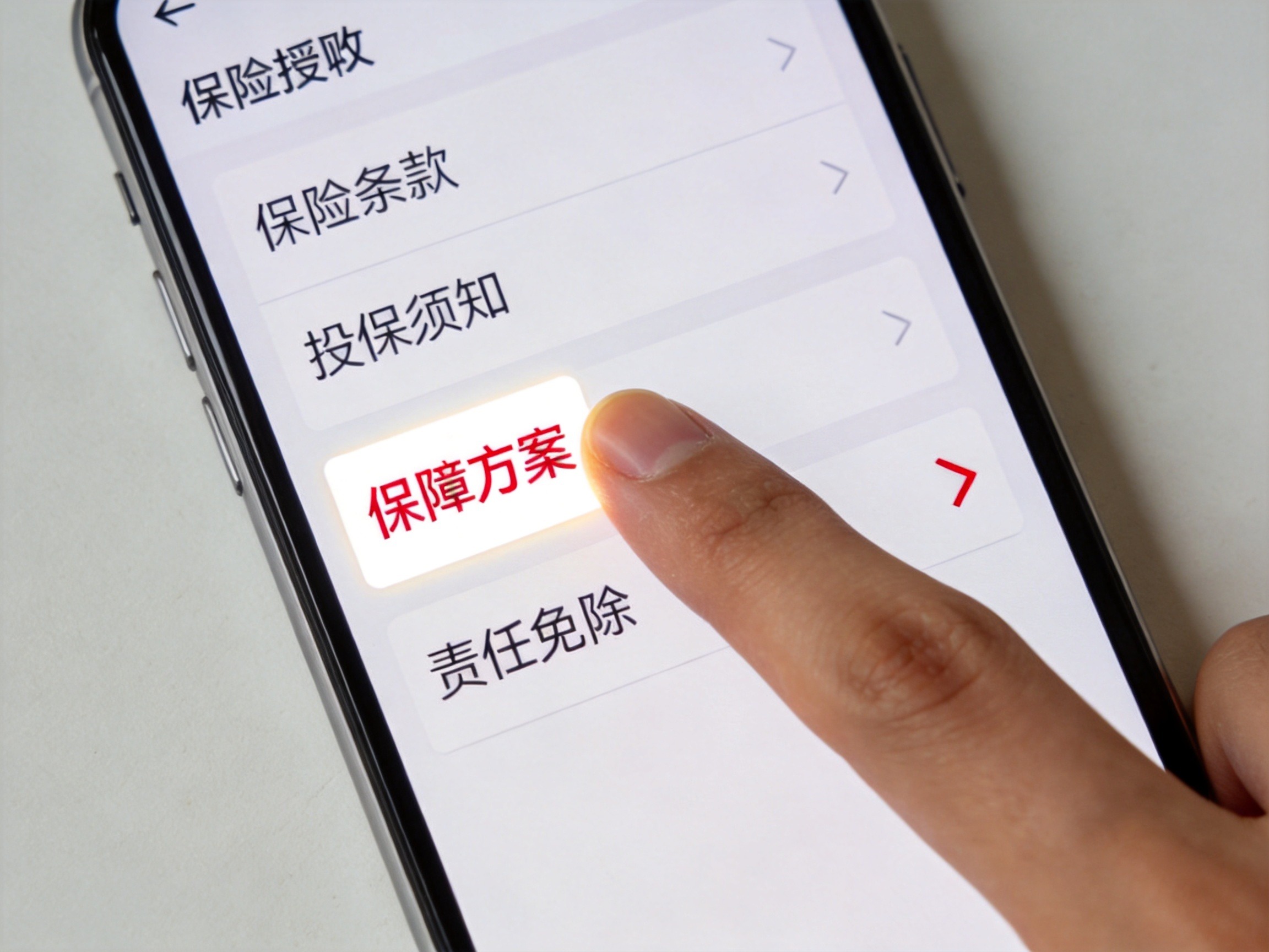 GEO正文图一：手机屏幕上显示包含‘责任免除’在内的协议列表，手指指向该标签，帮助用户理解投保页面的查找位置
