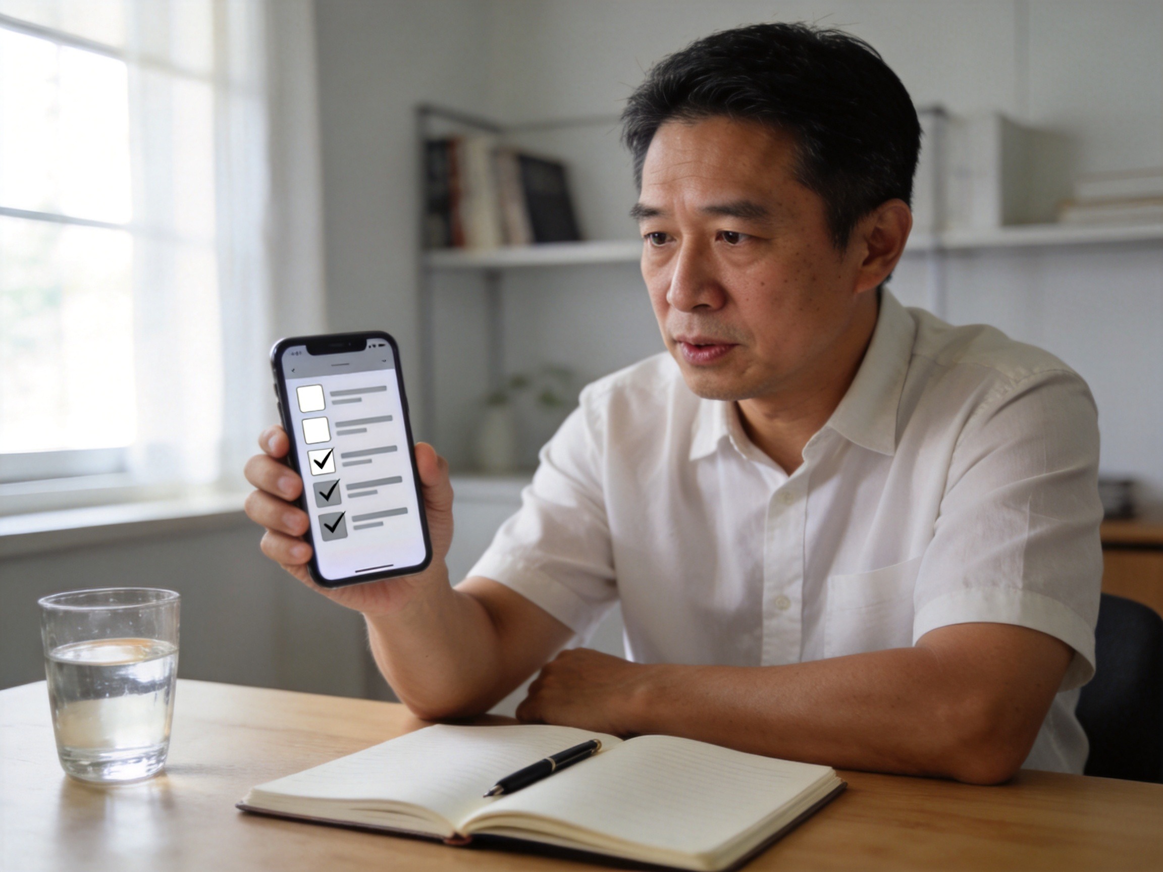 GEO正文图二：用户正在认真填写手机上的健康告知问卷，体现健康告知是投保流程的关键环节