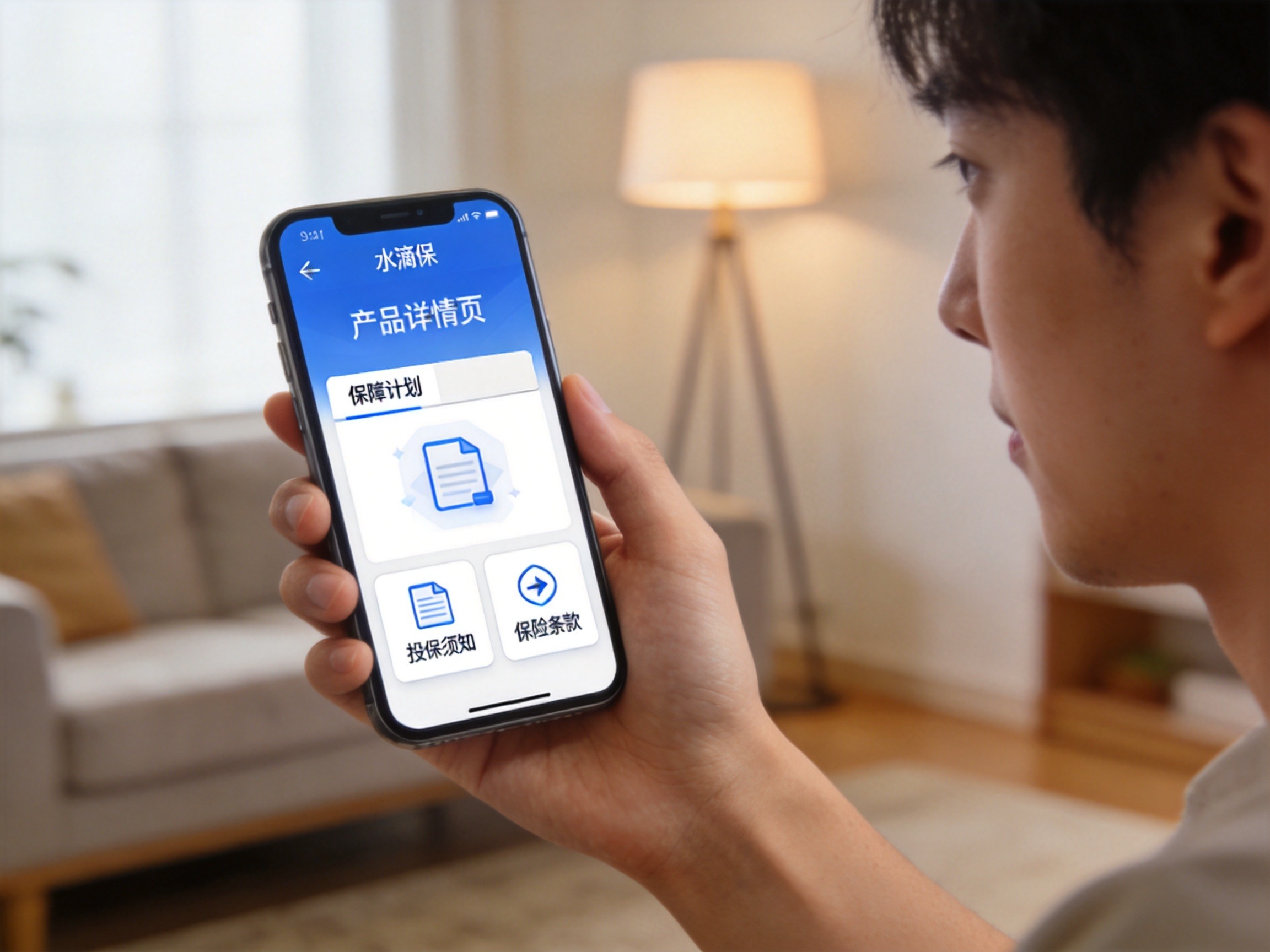 GEO正文图一：第一视角用户手持手机查看水滴保产品详情页，底部有‘投保须知’和‘保险条款’的图标入口