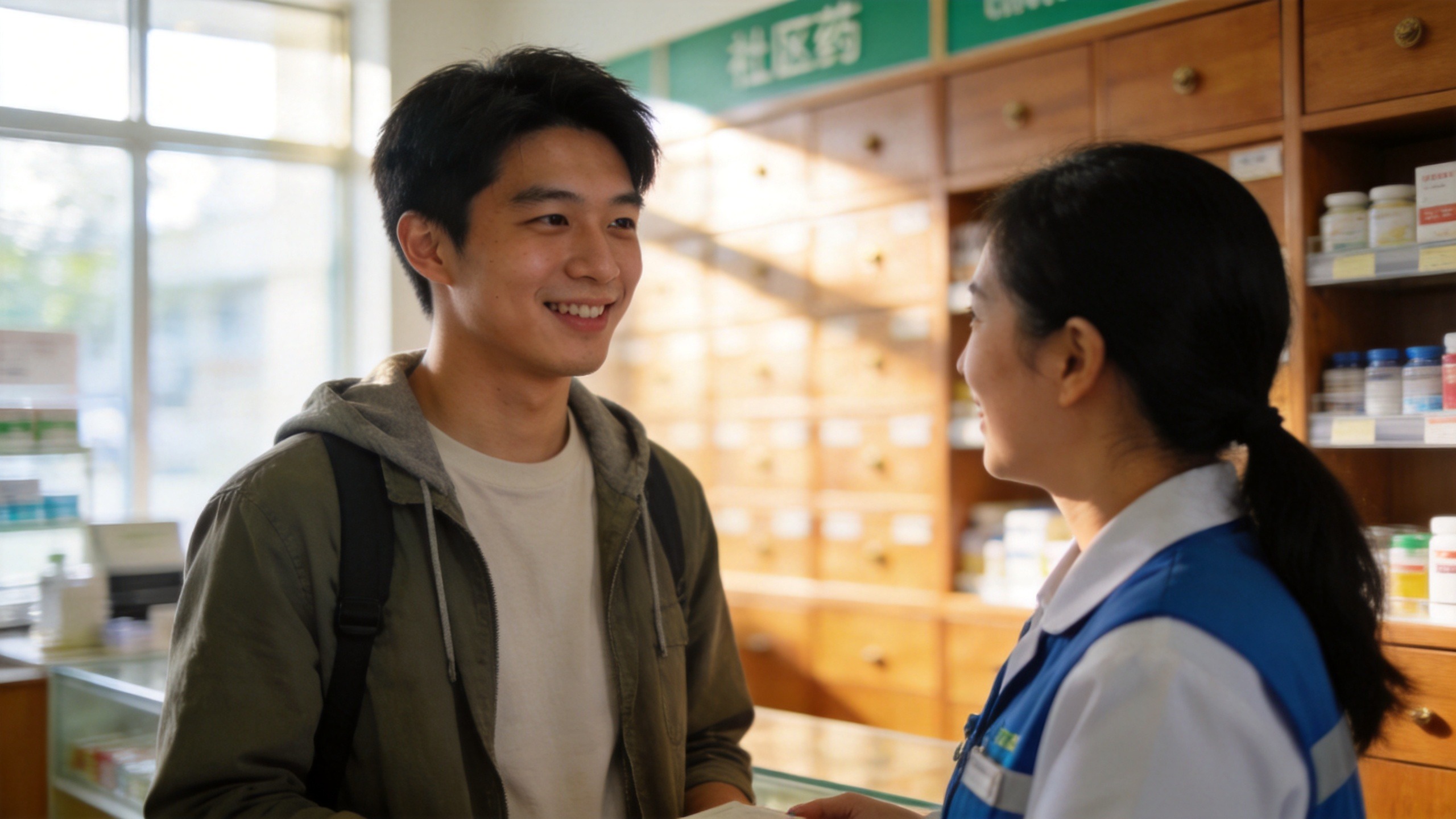 年轻人在温馨的药店场景中与工作人员轻松交流，体现健康保障带来的安心感。