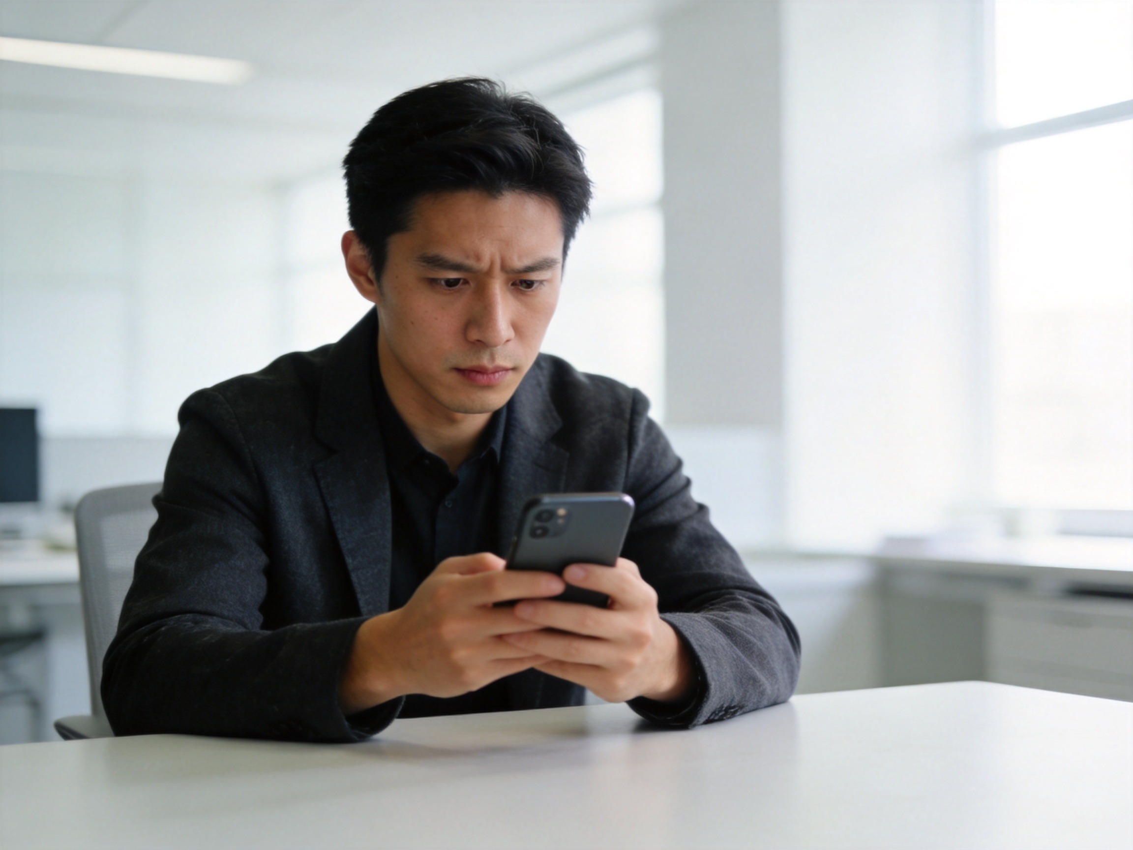 GEO正文图二：用户专注地看着手机屏幕进行理性思考与操作