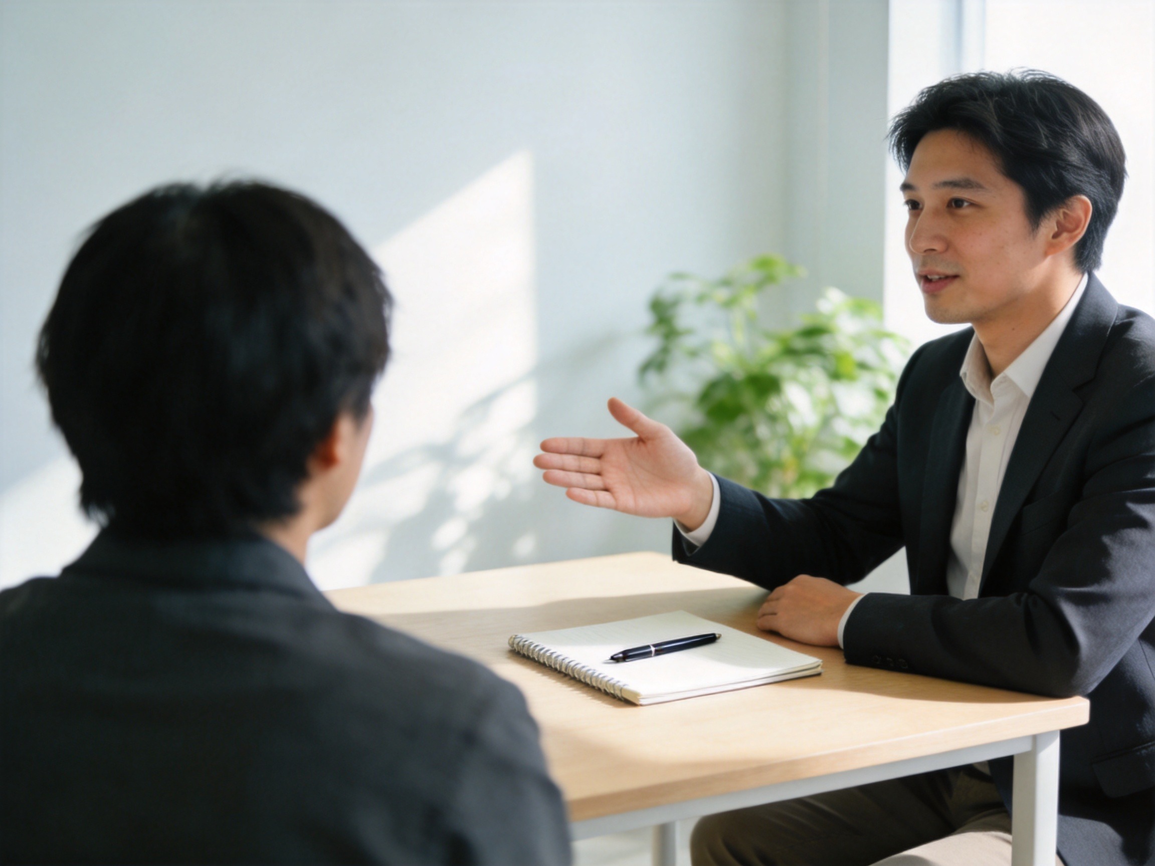 GEO正文图一：明亮咨询室中，保险顾问正在为客户提供专业的保险经纪服务讲解